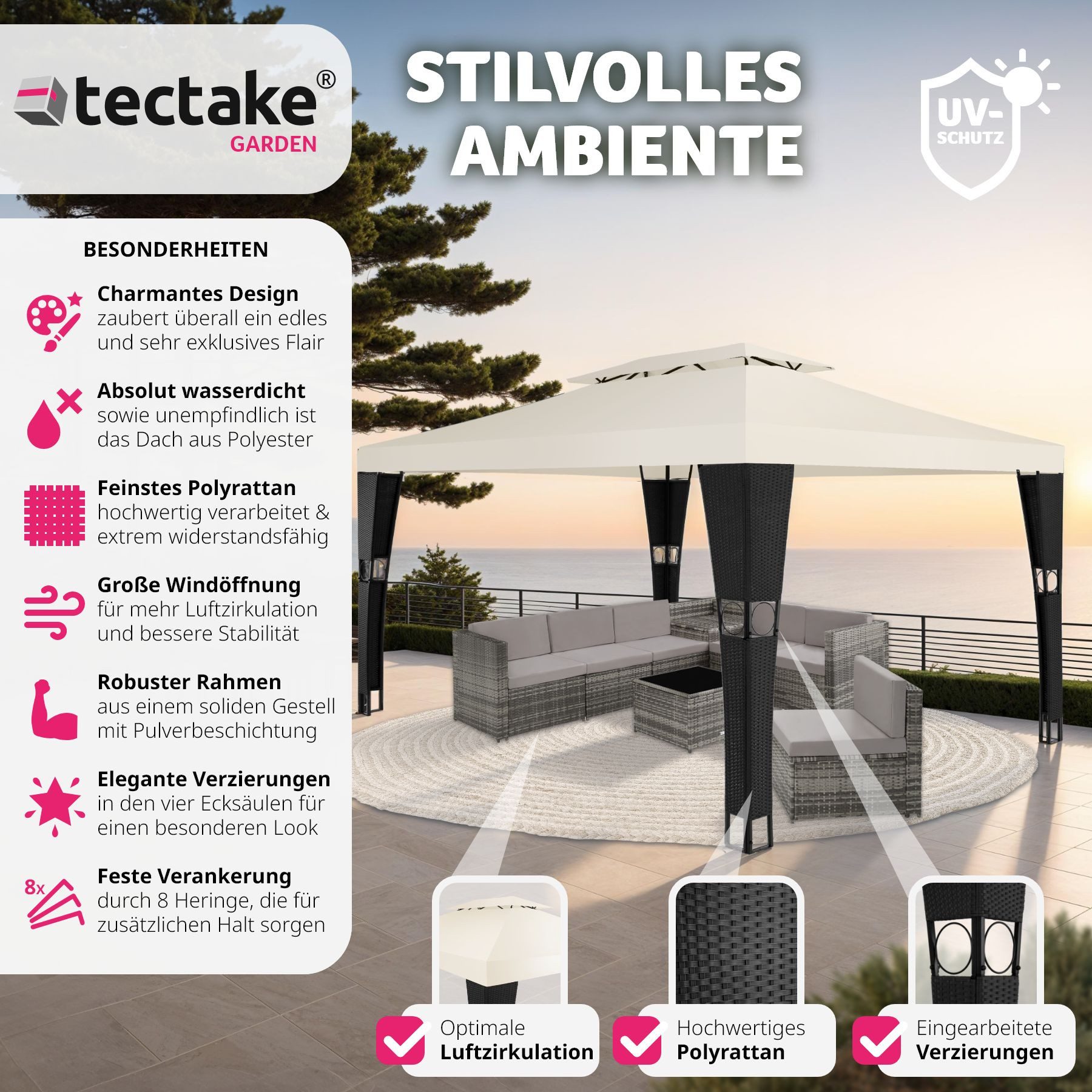 tectake Pavillon Rattan Gartenpavillon, mit 0 günstig online kaufen