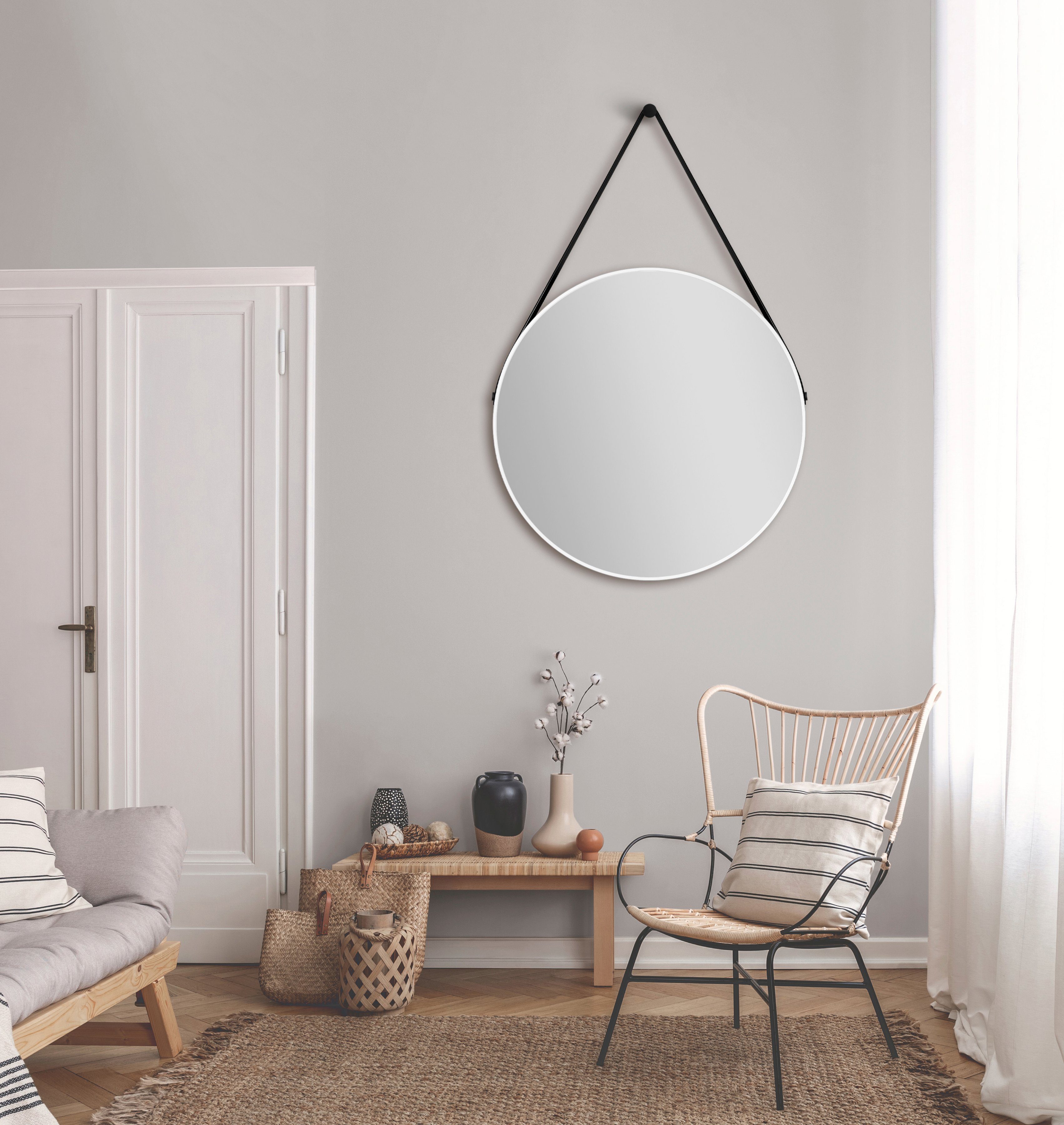 Wandspiegel, runder Spiegel 80 weiß Ø cm dekorativer mit matt Aluminiumrahmen, Talos