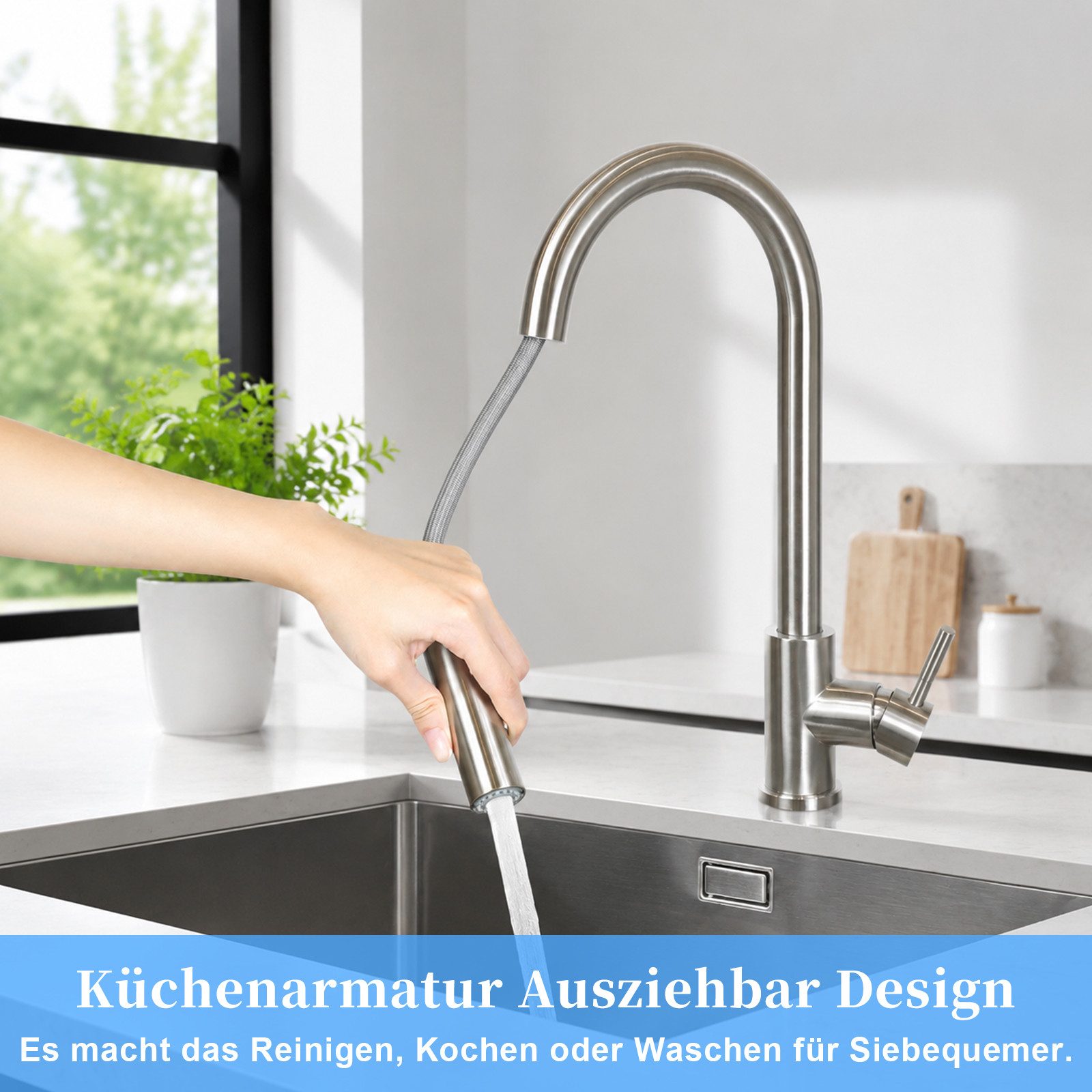 Ledklang Küchenarmatur ausziehbar Schwarz/silber 2-in-1 Wasserhahn Brausekopf Pendelbrause (1-St) Edelstahl-Optik hoher Auslauf 360° schwenkbar für Spüle & Wasc – Bild 4 von 5