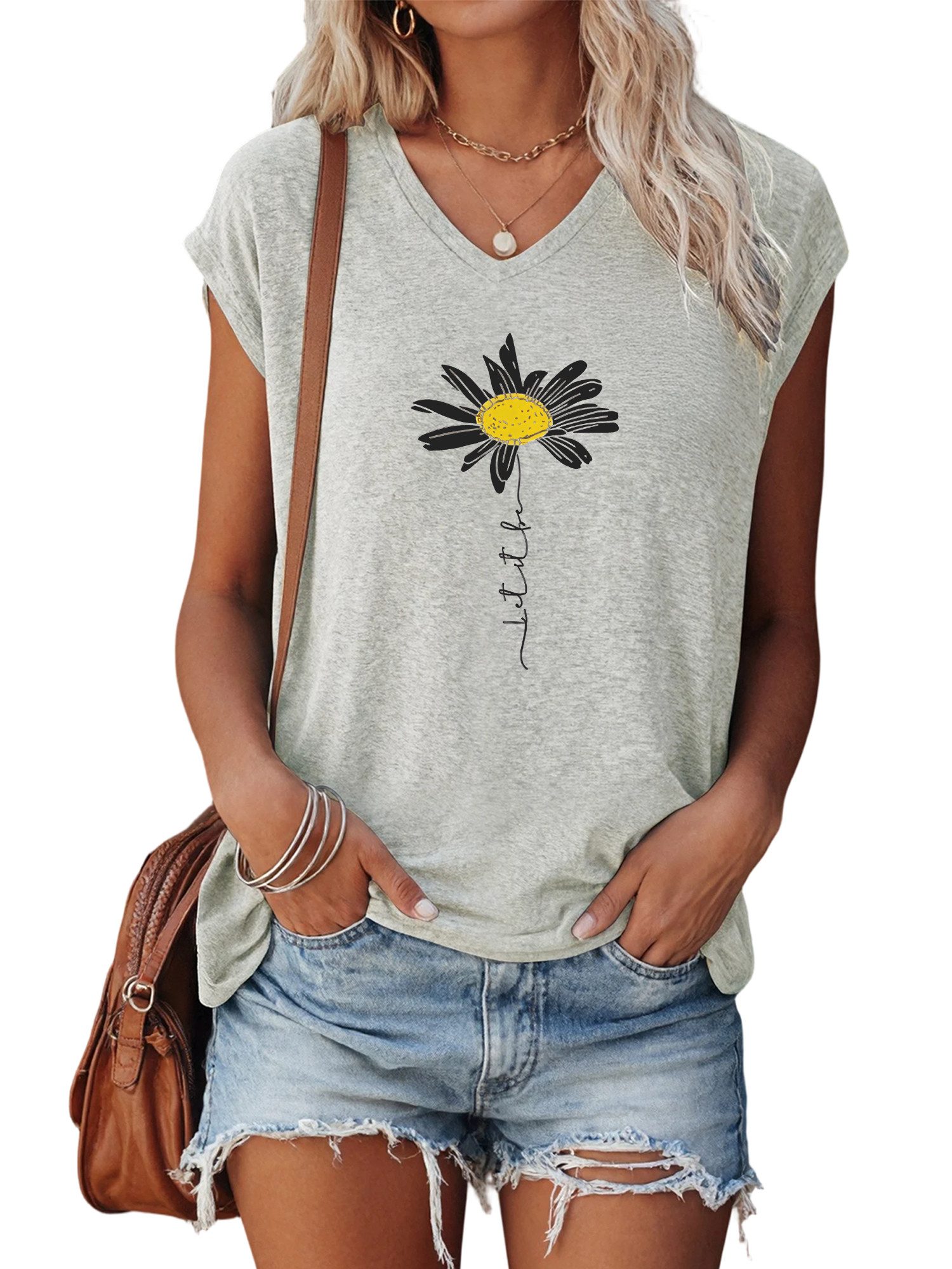 PYLIKE V-Shirt Damen bequemes Sommer Casual Ärmellos-Shirt Kurzarm Lockere günstig online kaufen