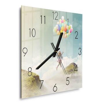 DEQORI Wanduhr 'Mädchen an Luftballons' (Glas Glasuhr modern Wand Uhr Design Küchenuhr)