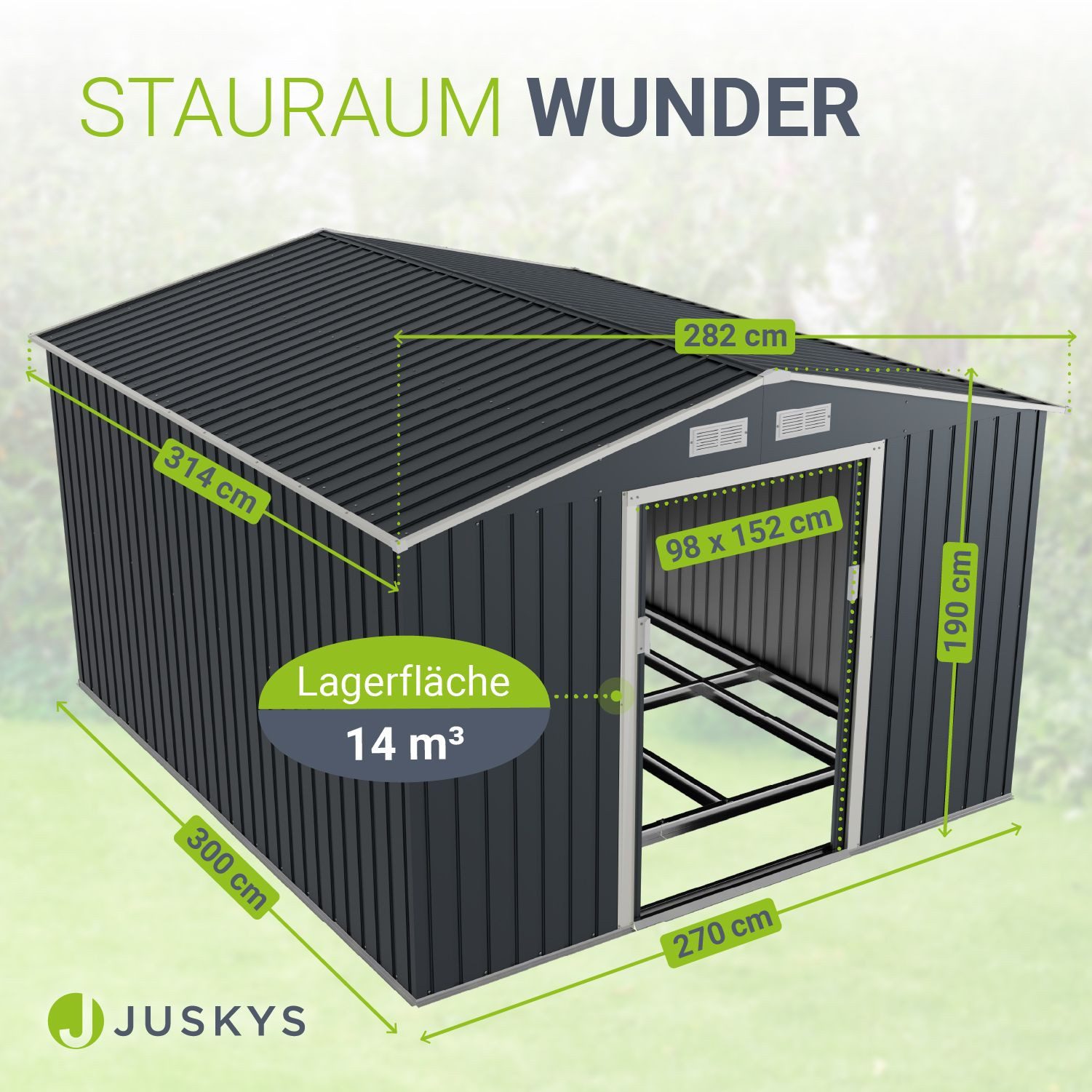 Juskys Gartenhaus XXL, BxT: 282x314 cm, mit Satteldach, Schiebetür, Fundamentrahmen, 15 m³