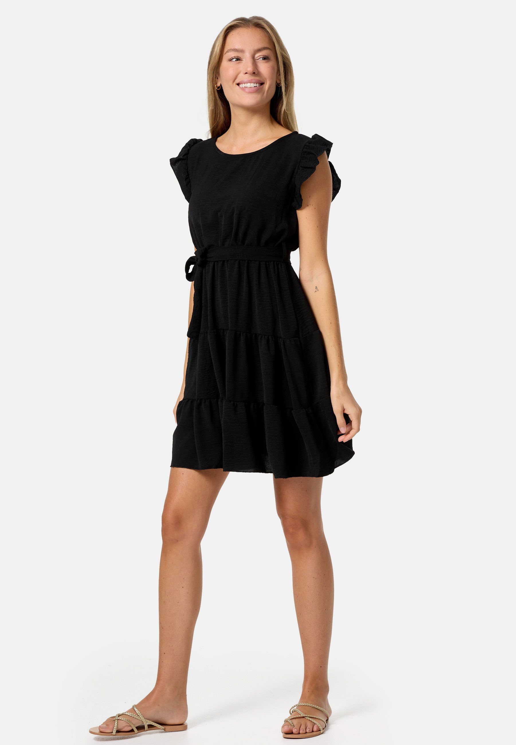 Einheitsgröße) Rüschen Schwarz Kleid PM in mit PM-27 Minikleid Midi SELECTED (Sommerkleid
