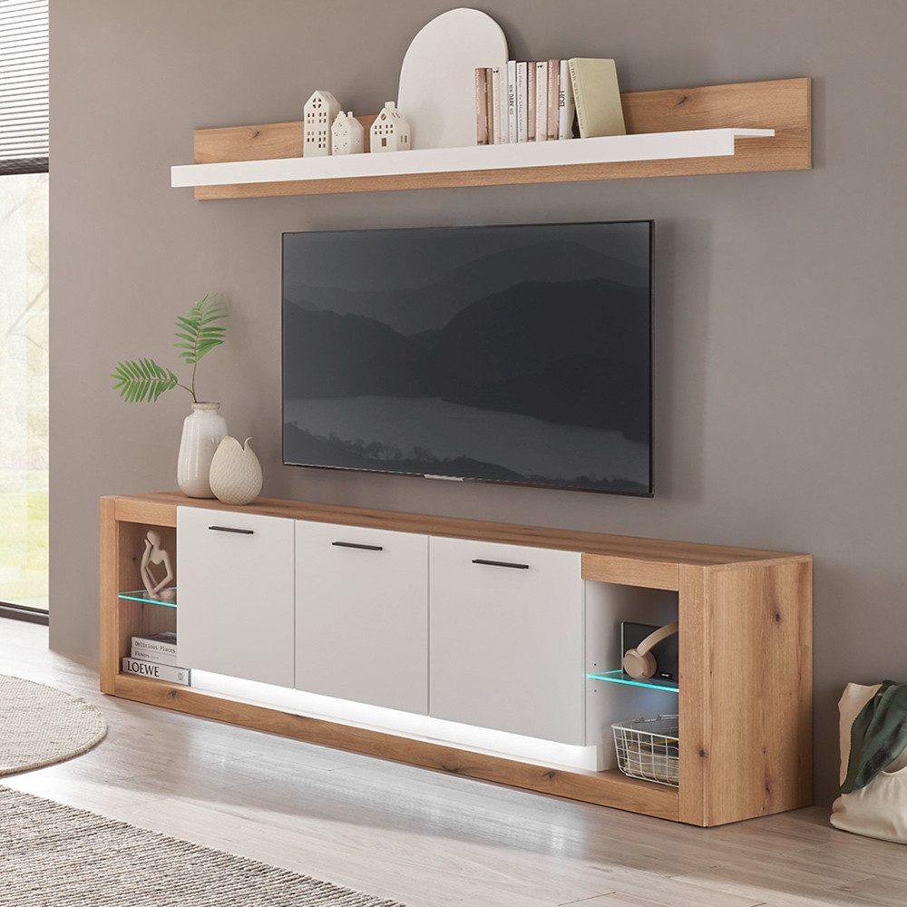 Lomadox Lowboard BELLAGIO-61, Fernsehschrank in weiß mit Eiche 198 cm breit mit viel Stauraum