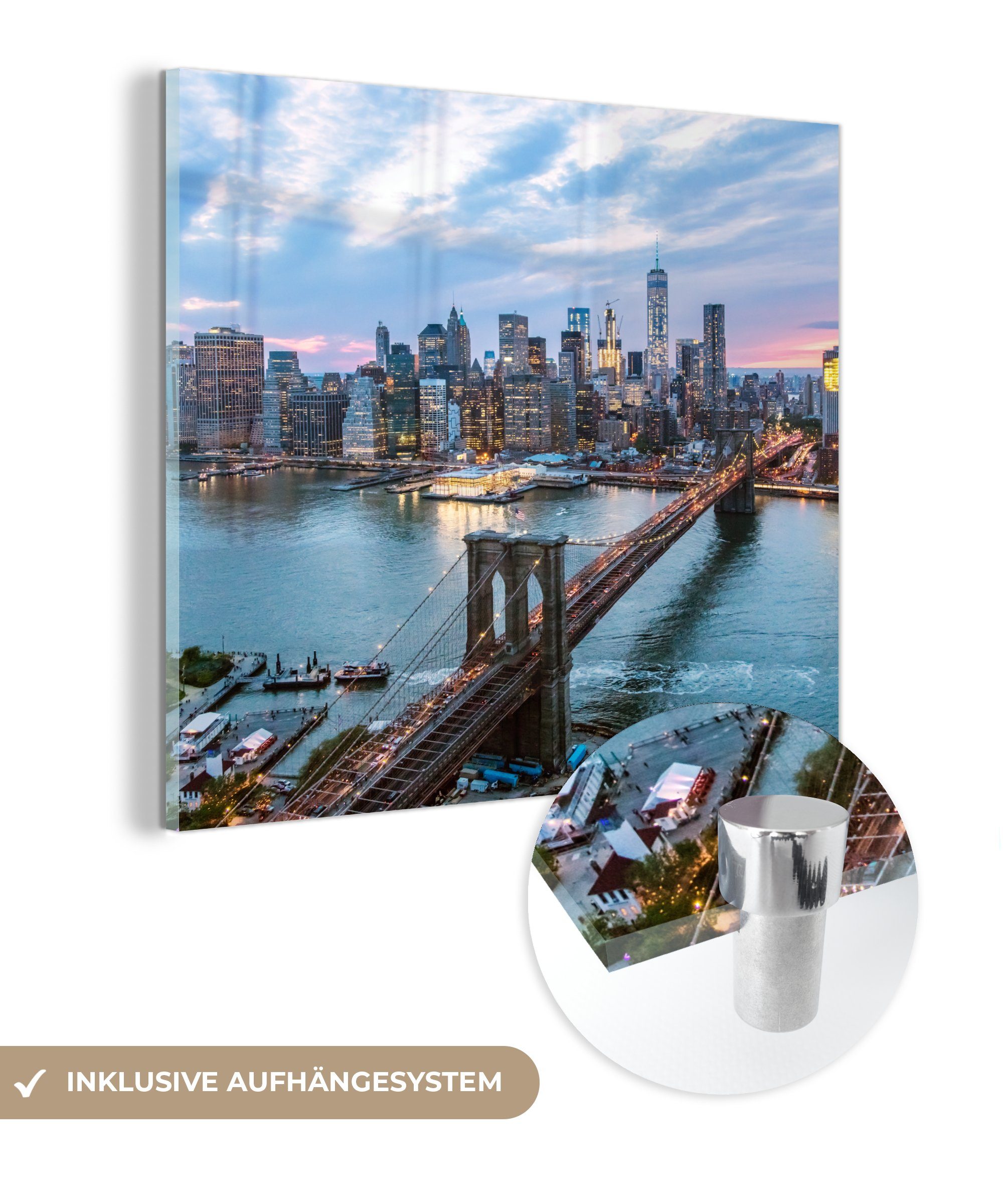 MuchoWow Acrylglasbild New York - Brooklyn Bridge - Boot, (1 St), Glasbilder - Bilder auf Glas Wandbild - Foto auf Glas - Wanddekoration bunt