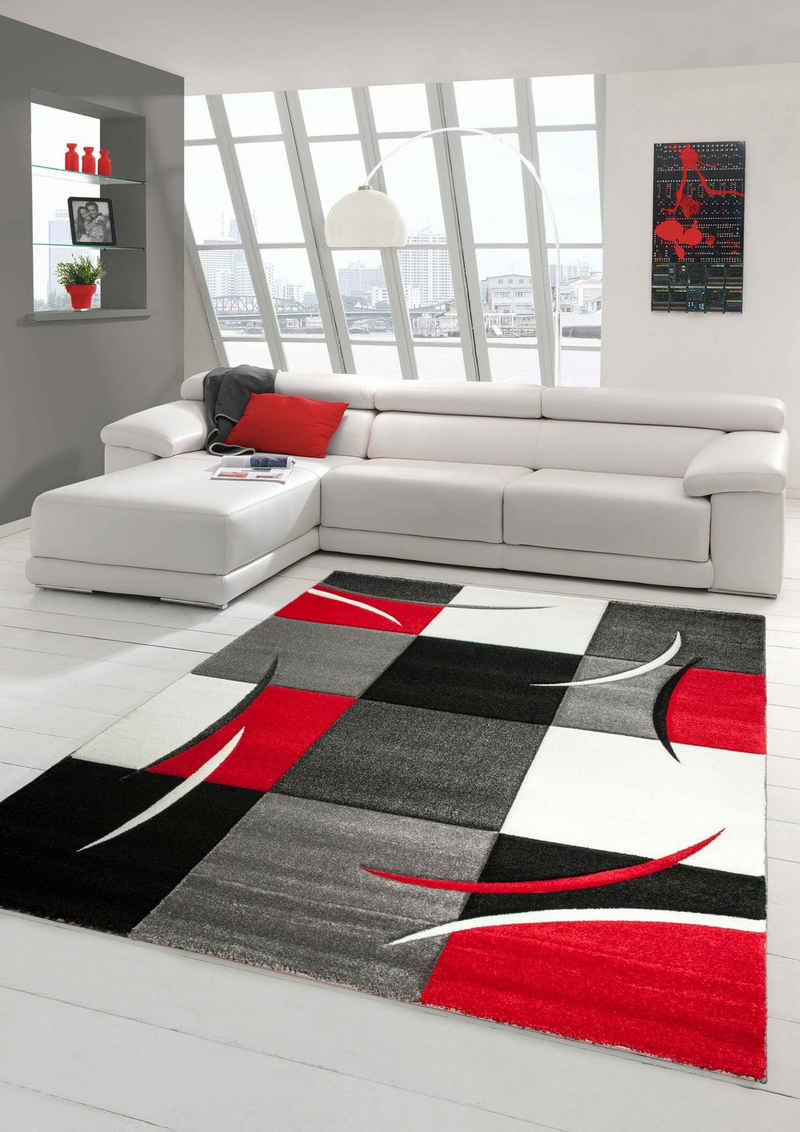 Teppich »Designer Teppich Moderner Teppich Wohnzimmer Teppich Kurzflor Teppich mit Konturenschnitt Karo Muster Rot Grau Weiß Schwarz«, Teppich-Traum, rechteckig, Höhe 13 mm