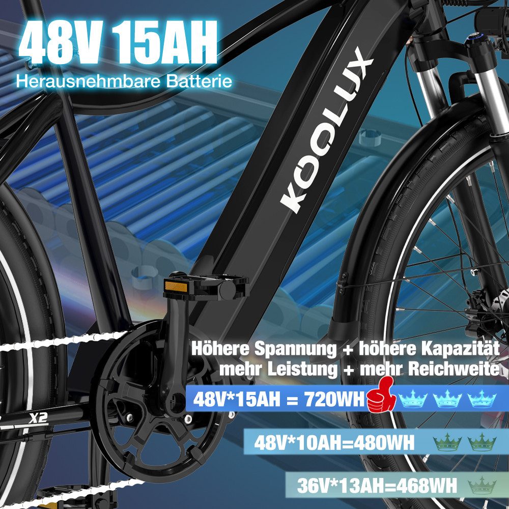 KOOLUX E-Bike Elektrofahrrad für Damen/Herren Reichweite 65-90 km elektro-cityrad, Heckmotor, 720 Wh, 27,5" Elektrofahrrad 7-Gang Shimano 48V15AH Herausnehmbare Batterie