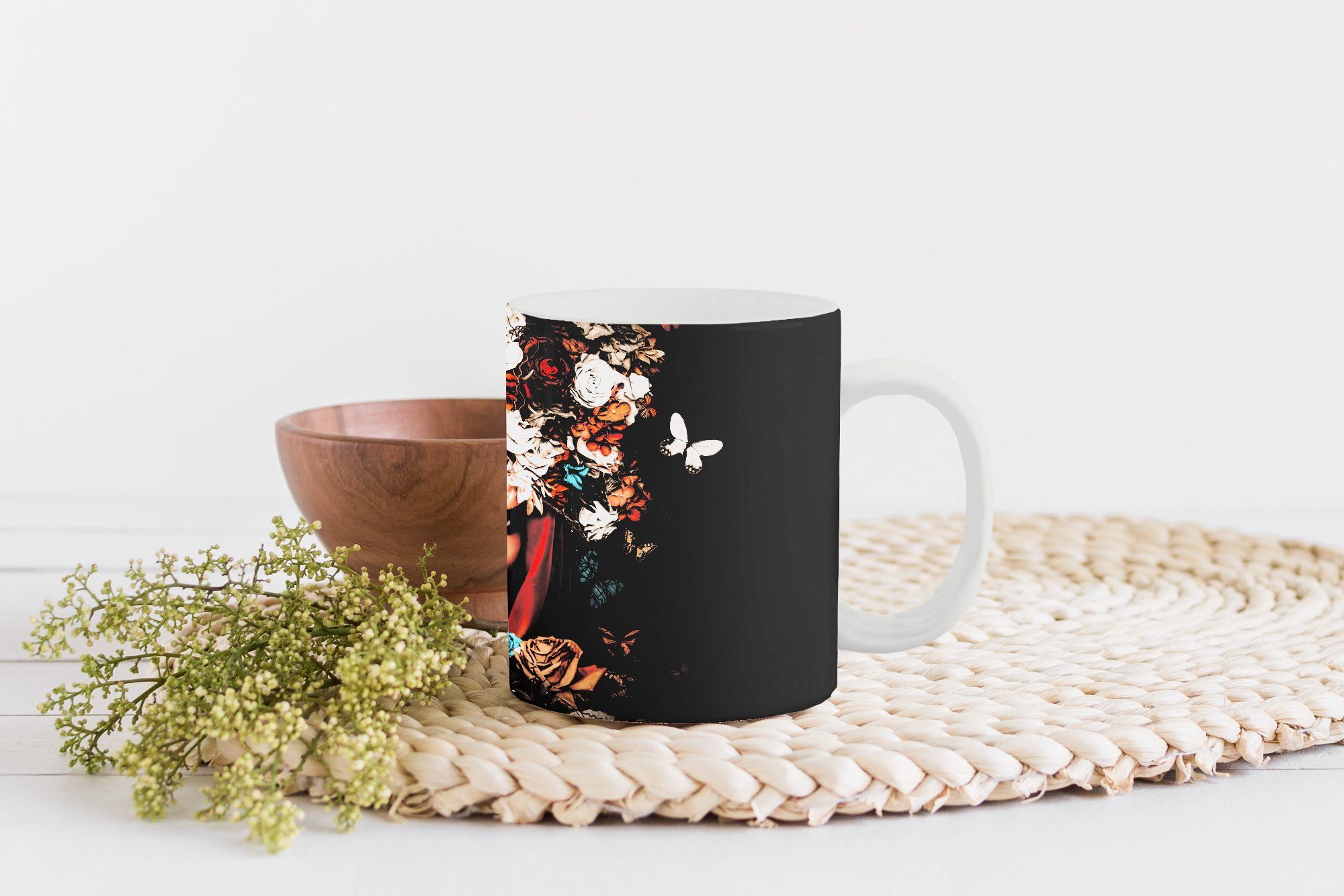 MuchoWow Tasse Blumen - - Kopftuch, - Teetasse, Geschenk Becher, Schmetterling Frauen Keramik, Teetasse, Kaffeetassen