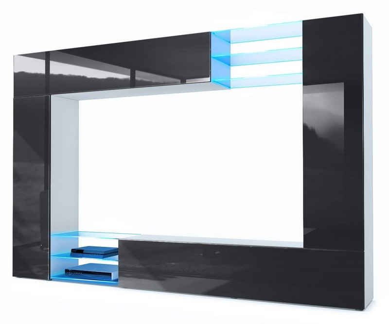 Vladon Wohnwand Mirage, (Anbauwand mit Rückwand mit 2 Türen, 4-St., 2 Klappen und 6 offenen Glasablagen), Weiß matt/Schwarz Hochglanz, inkl. LED-Beleuchtung(262 x 183 x 39 cm)