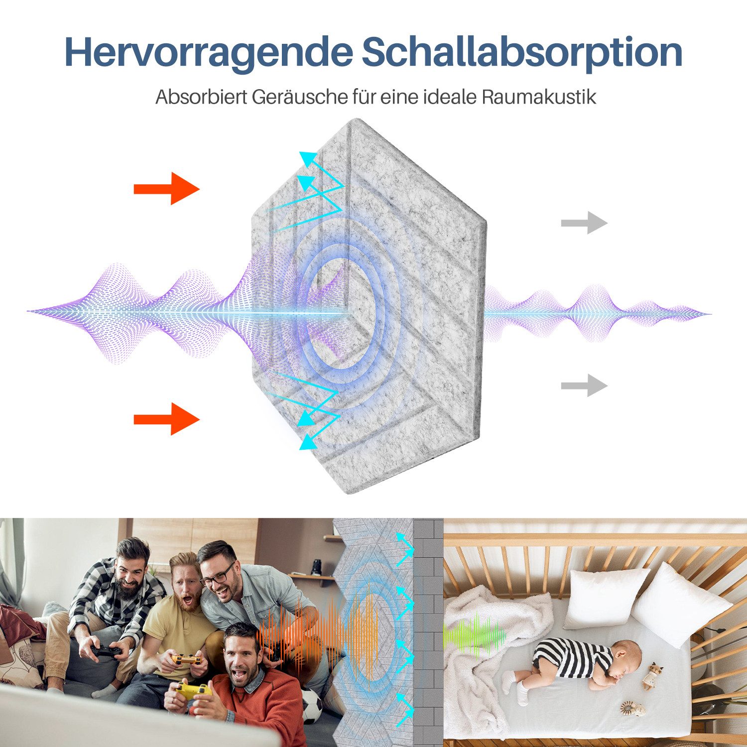 Clanmacy Akustikplatte 12 stuks Akustikplatten Hexagonal gestreift Selbstklebend Hellgrau, (12-St)