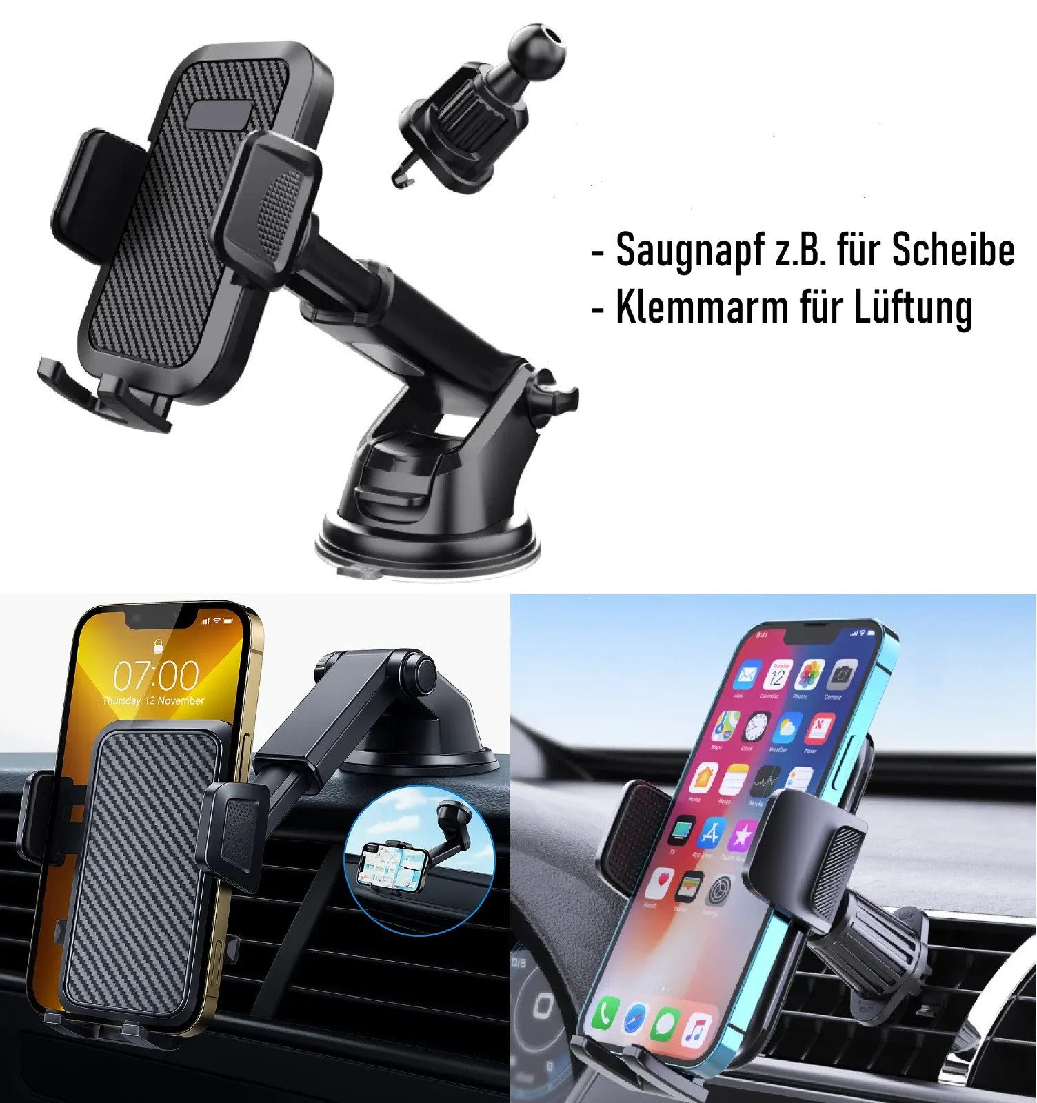 MORRENT Handy-Halterung AUTO handyhalterung 3in1 Saugnapf & Lüftung Halter universal, (3 in 1, Starker Handyhalterung,saugnapf, Flexibler Teleskoparm) – Bild 2 von 5