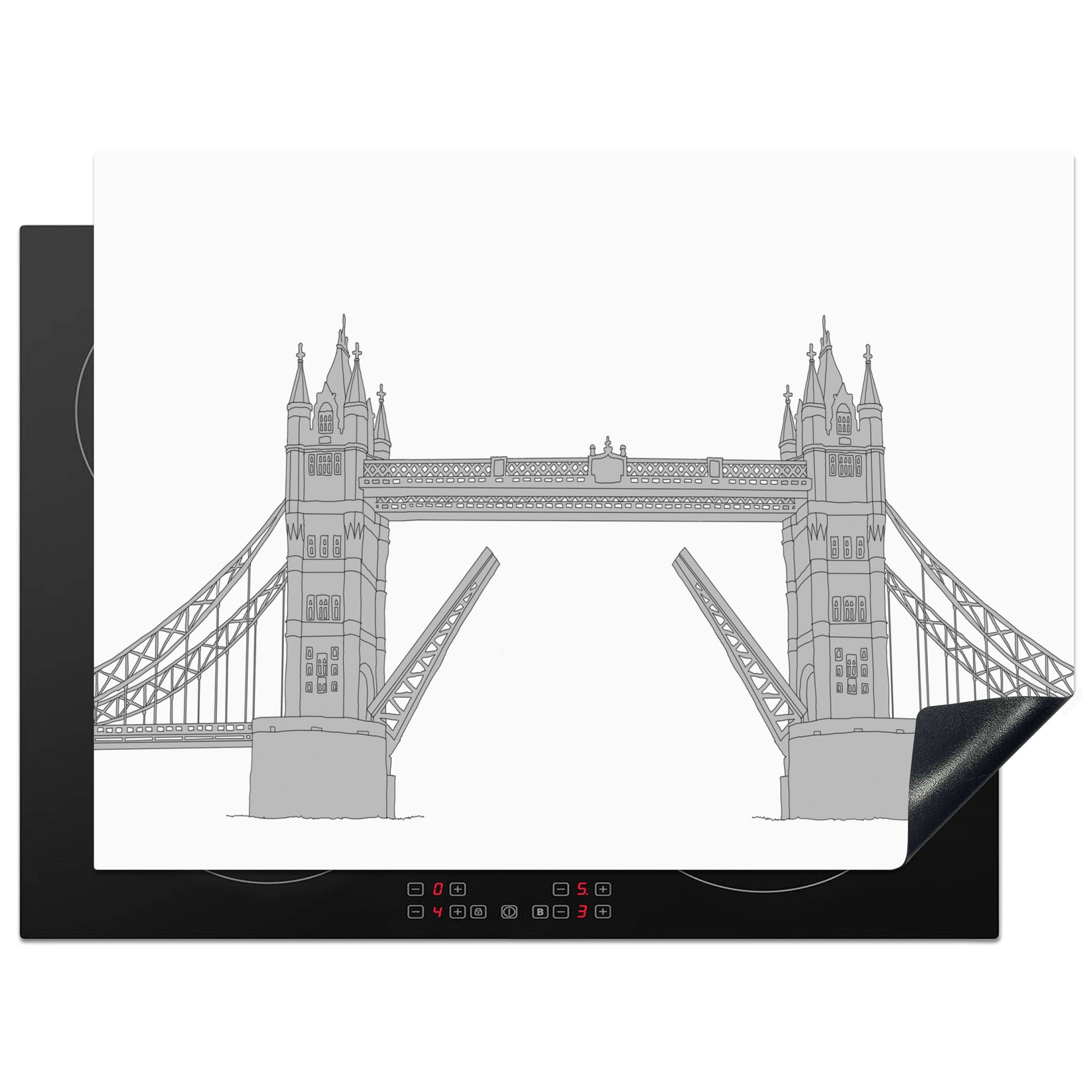 MuchoWow Herdblende-/Abdeckplatte Graue Illustration der Tower Bridge in London, Vinyl, (1 tlg), 70x52 cm, Mobile Arbeitsfläche nutzbar, Ceranfeldabdeckung