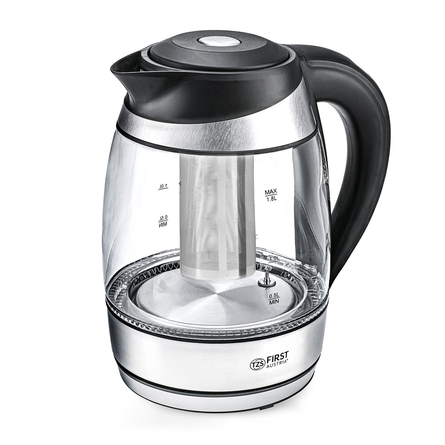 TZS FIRST AUSTRIA Wasserkocher Edelstahl, Glaswasserkocher, Teefilter, 1,8L, 2200W, Temperatur 40°C, 1.8 l, 2200 W, Farbwechsel, LED Beleuchtung-Farbe je nach Temperaturwahl, schwarz