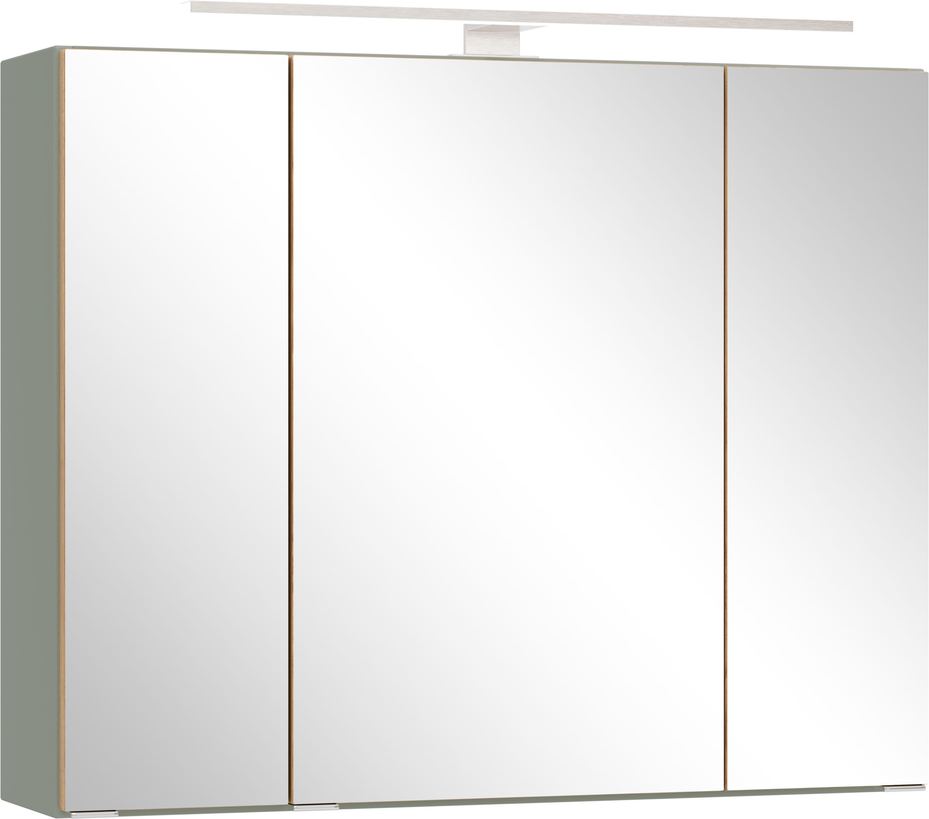 welltime Spiegelschrank TRIENT, 3D-Spiegelschrank 80 cm, gedämpfte Scharniere (Maße (B/H/T): ca. 80/64/20 cm) Schilfgrün/Wildeiche, gedämpfte Scharniere