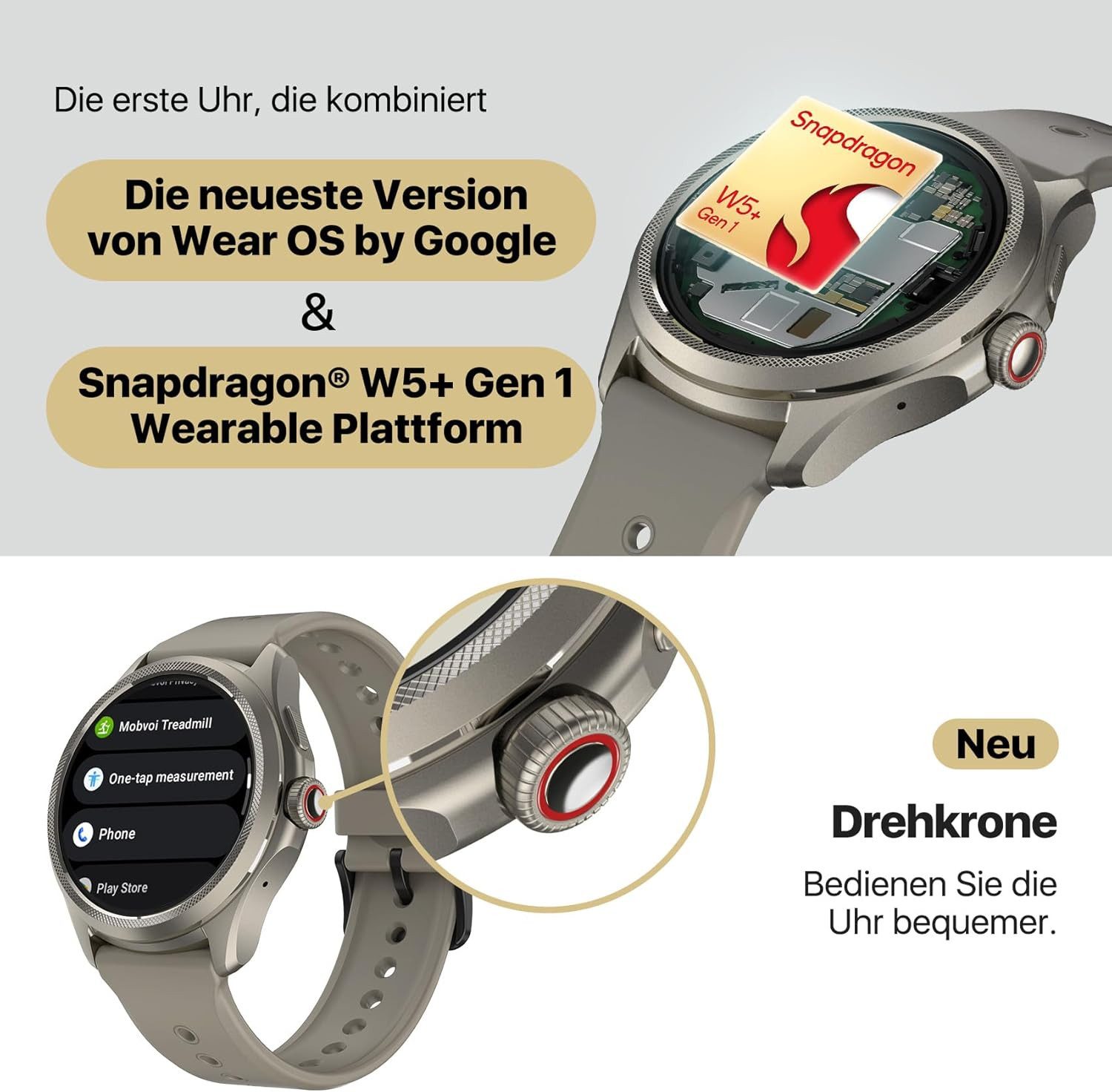Ticwatch ‎ WH12088 Smartwatch (3,6 cm, android ios), Smartwatch mit AMOLED Display GPS Fitness Tracking