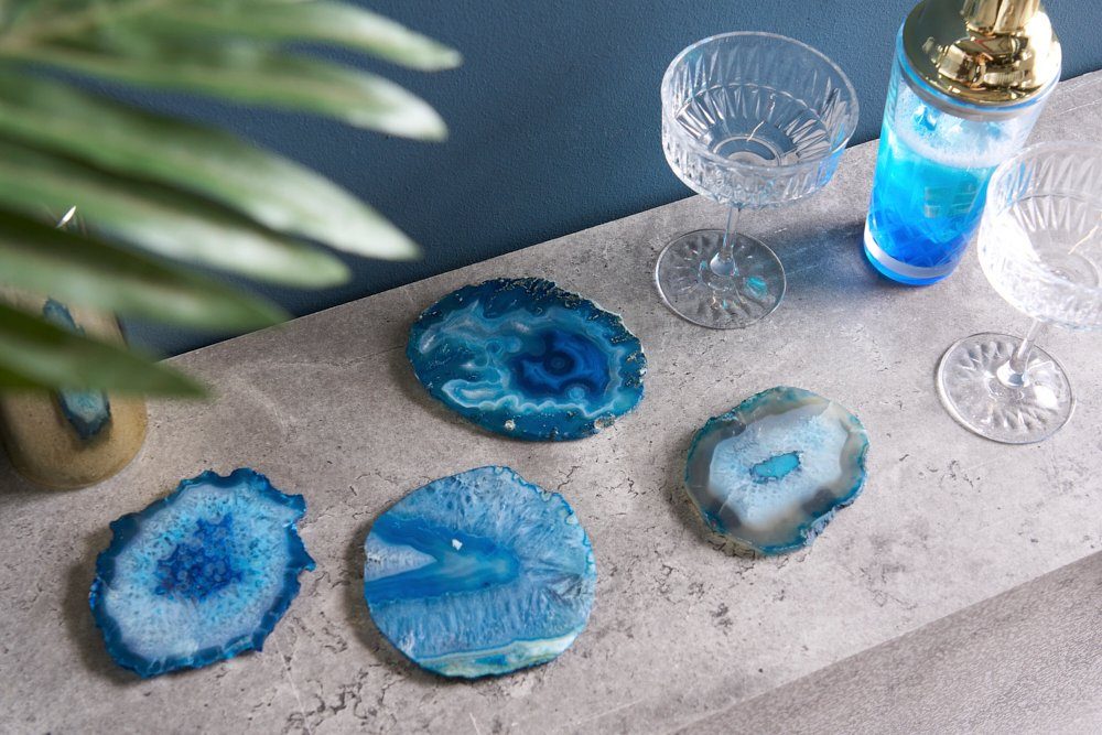 Set, Glasuntersetzer Edelstein COASTER blau, · · Unikat Quarz · · riess-ambiente · Wohnzimmer Handmade Achat · rund 4-tlg., 11cm