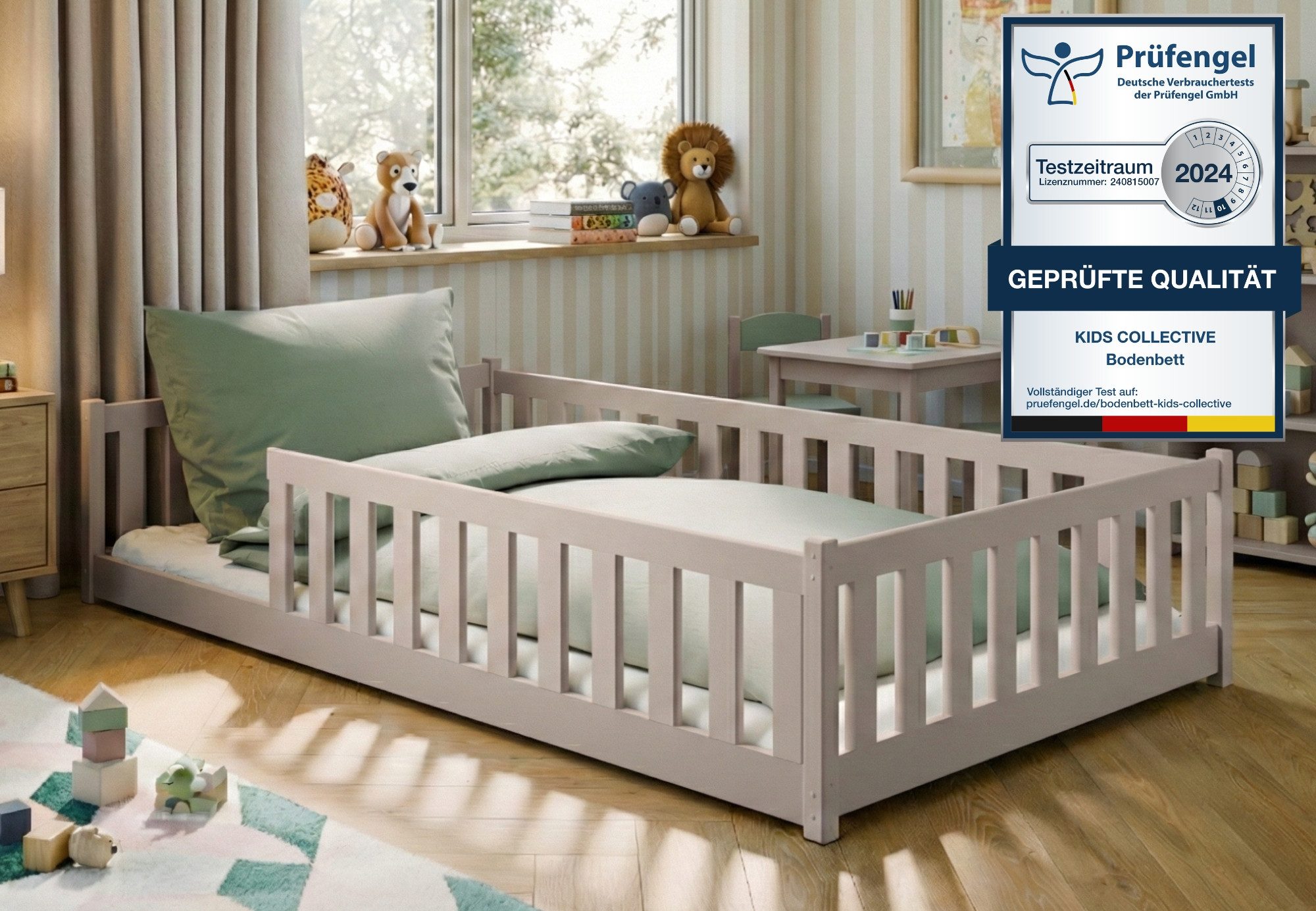 Kids Collective Kinderbett Bodenbett Bett mit Rausfallschutz & Lattenrost Montessori Bett Kinder (Jungen, Mädchen, Kinder, weitere Größen 80x160, 80x180, 90x190, 90x200, 140x200 cm), Jugendbett Gitterbett Einzelbett, Kaschmir Kiefer 120x200 cm