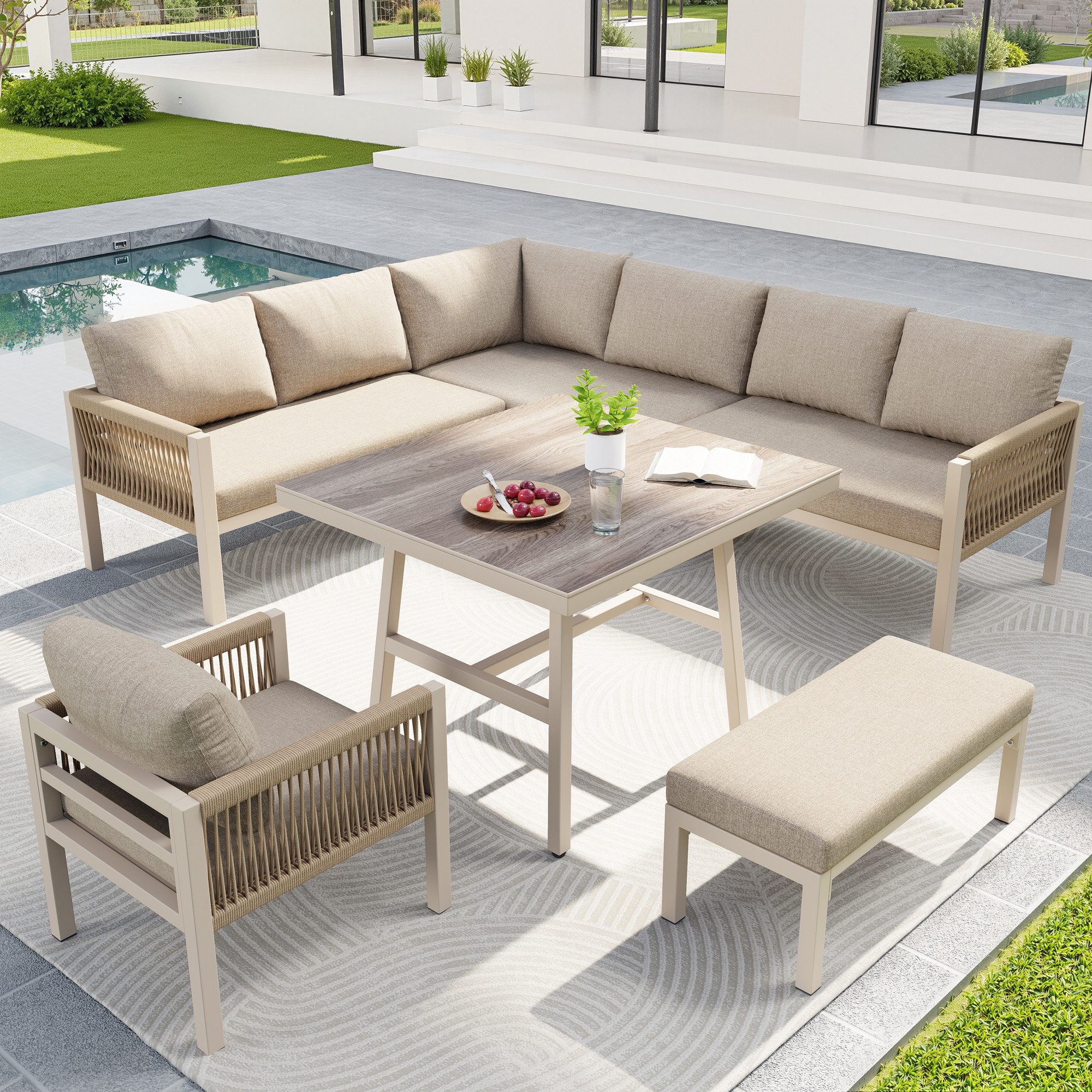 HAUSS SPOLE Gartenlounge-Set Bis Zu 8 Personen Gartensofa L-Form Stahlrahmen mit Armlehnen, (Sessel-Sofa,Einzelsofa,Hocker,Tisch, Sessel 118×61×80cm,Sofa 65×61×80cm,Hocker 79×38×31cm,Tisch 80×80×70cm)
