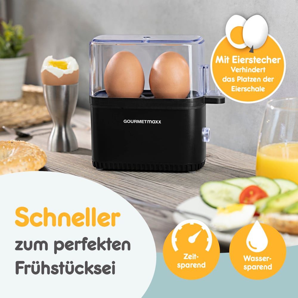 GOURMETmaxx Eierkocher GOURMETmaxx Design-Eierkocher für 2 Frühstückseier, 250 W, für perfekte Frühstückseier, mit Messbecher & Ei-Pick – Bild 5 von 5