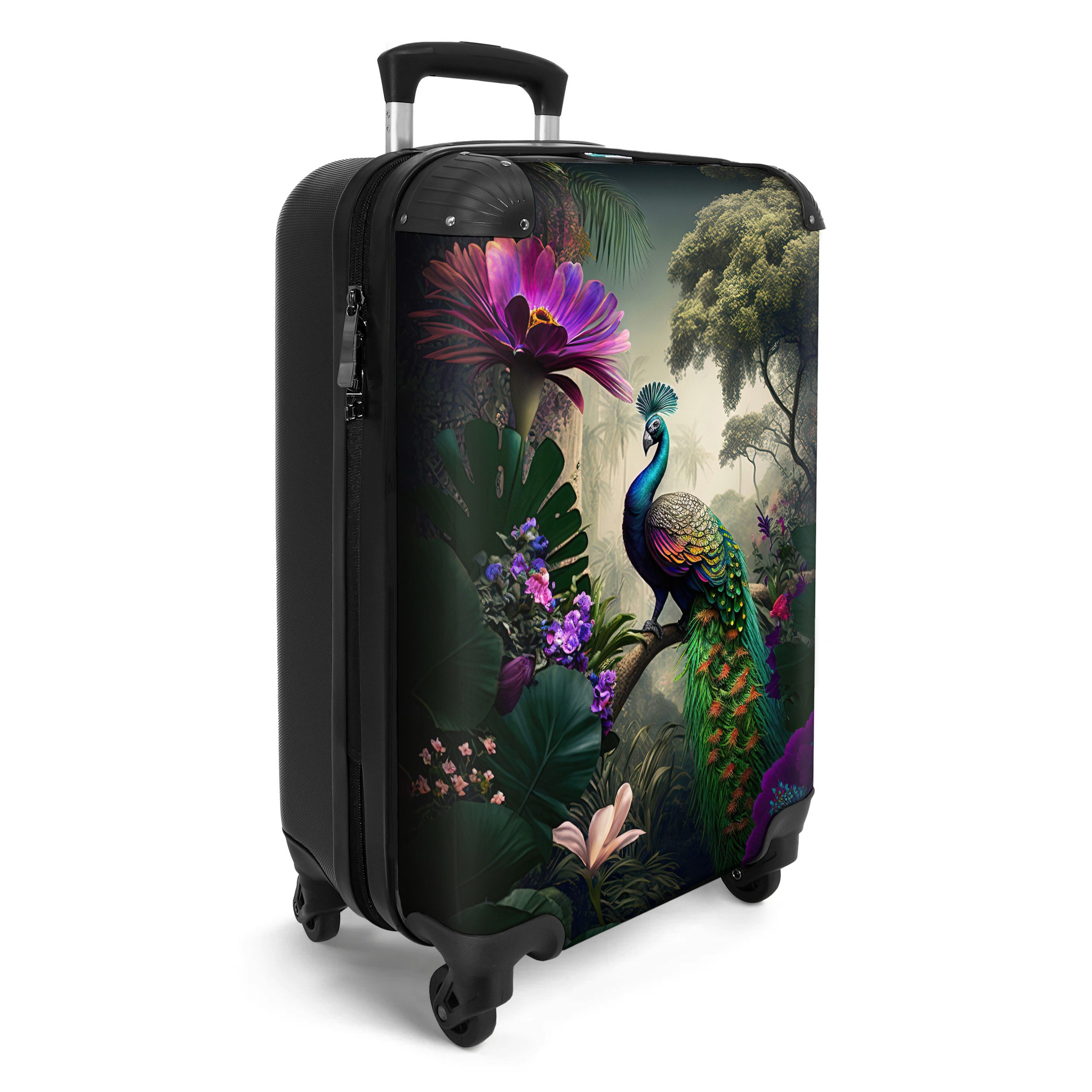NoBoringSuitcases.com© Hartschalen-Trolley Pfau - Blumen - Dschungel - Regenbogen - Federn 55x35x20cm, 4 Rollen, Reisetasche mit Rollen, Koffer Handgepäck Flugzeug