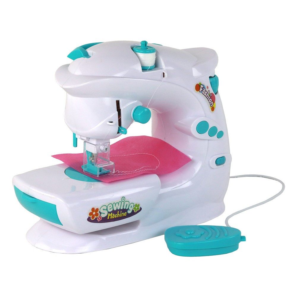 LEAN TOYS Nähmaschine Kindernähmaschine Spielnähmaschine Nähspielzeug, Nählicht, Fußanlasser, Tragegriff, batteriebetrieben
