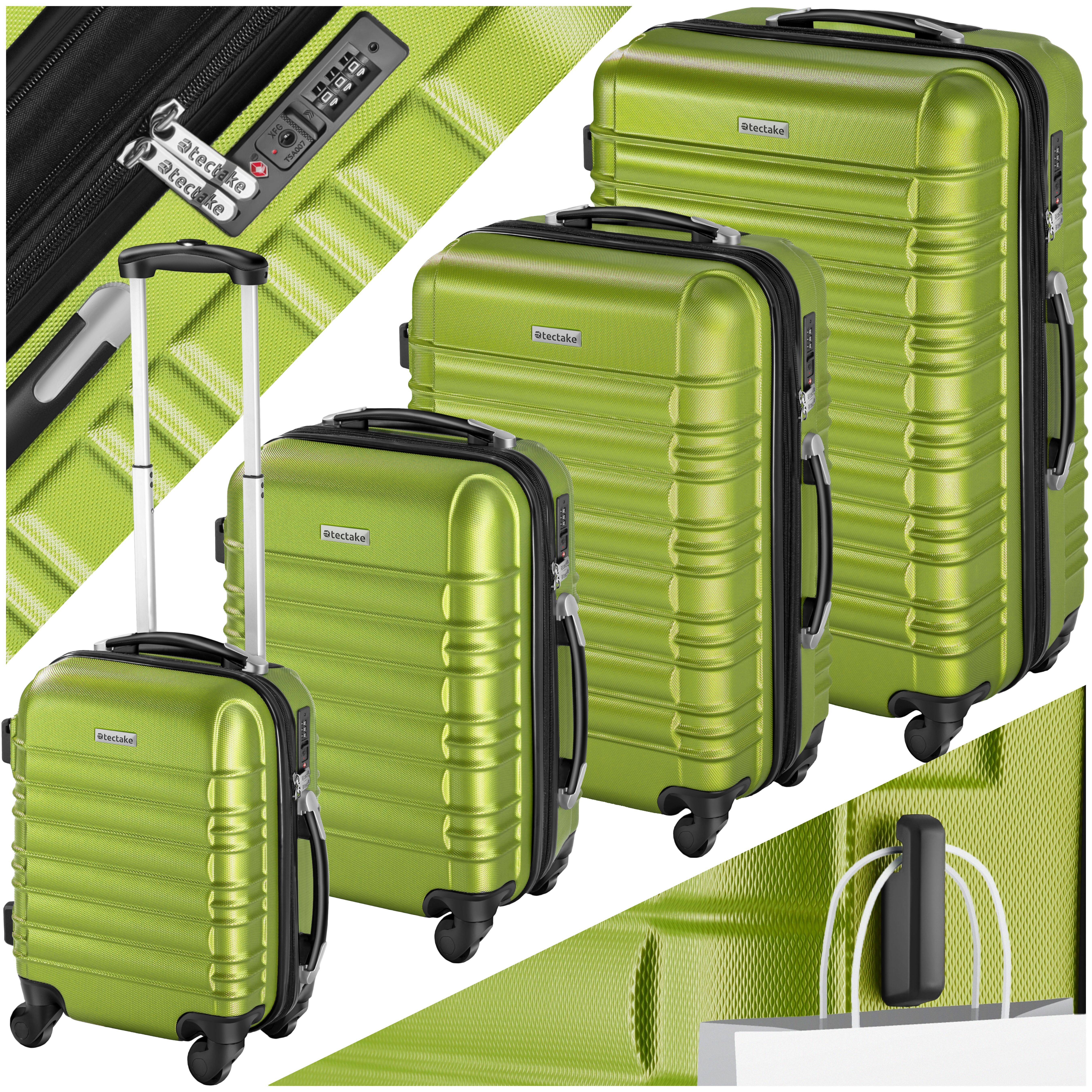 tectake Trolley Hartschalenkoffer-Set, 4 Rollen, 4-teilig, aus robustem ABS-Kunststoff