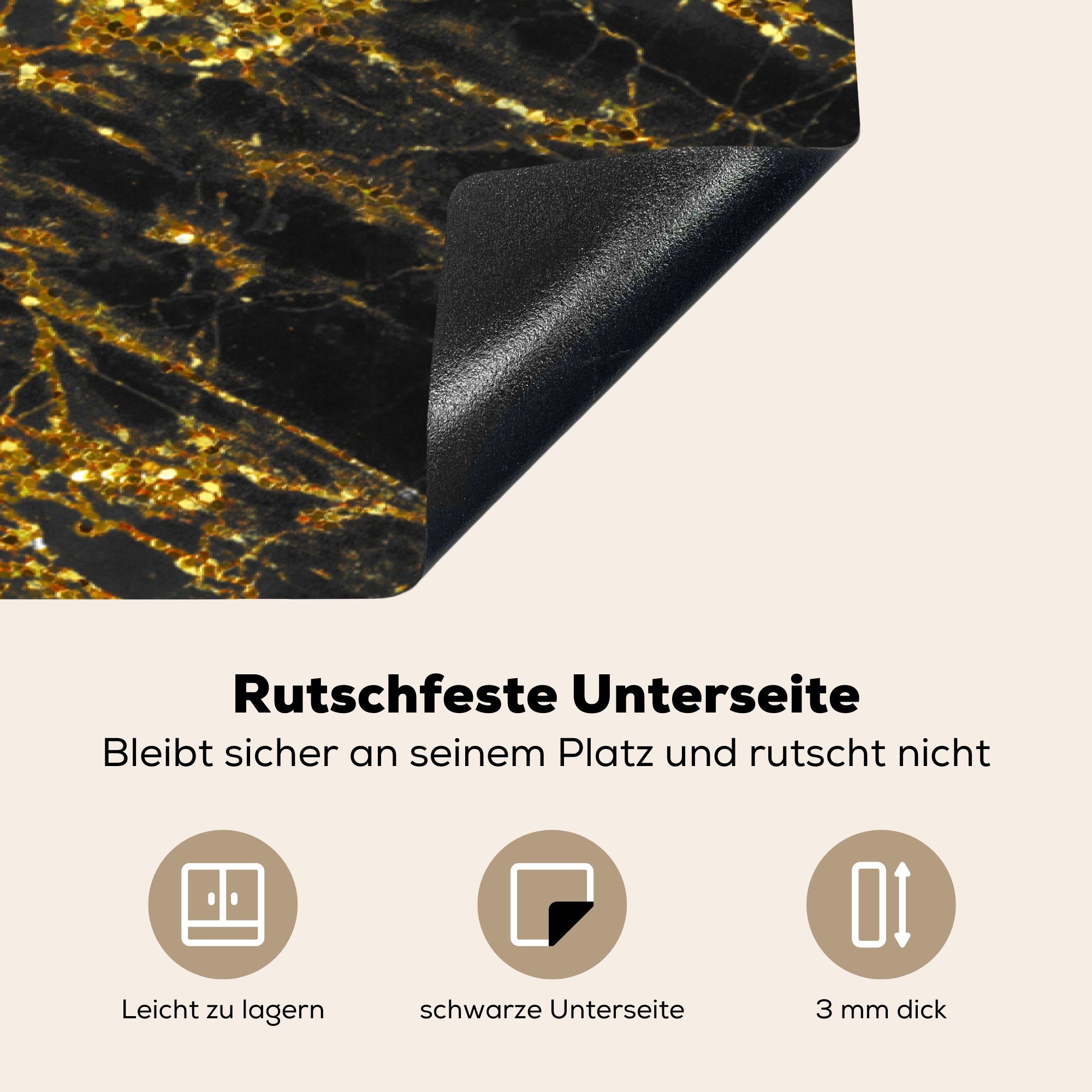 - Gold Arbeitsplatte Schwarz (1 für Glitter, - tlg), Vinyl, Marmor - Herdblende-/Abdeckplatte MuchoWow cm, küche Ceranfeldabdeckung, 78x78