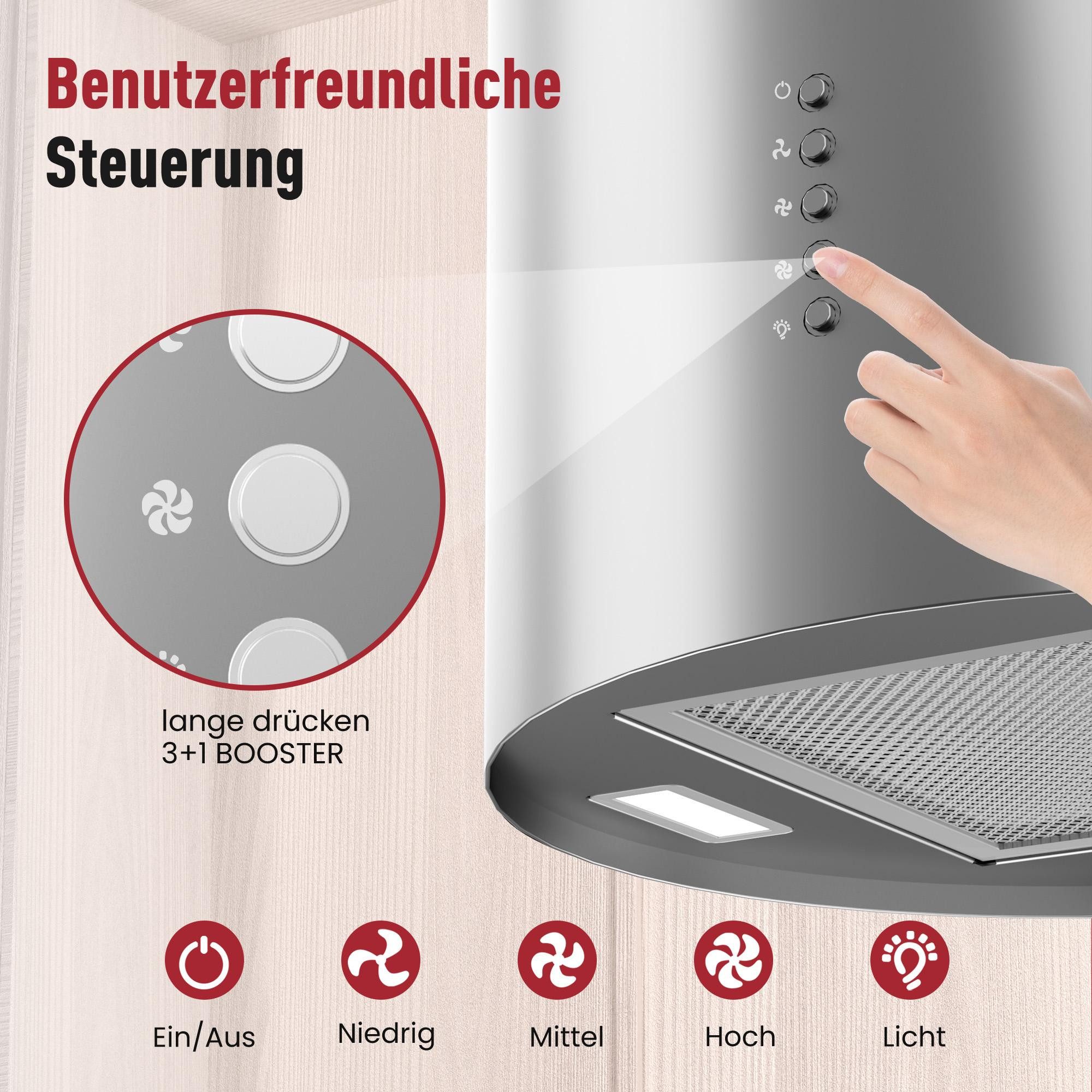 Levivo Inselhaube A+ Dunstabzugshaube Umluft Freihängend mit 530 m³/h Luftleistung A+ Dunstabzugshaube Umluft Freihängend mit 530 m³/h Luftleistung, Aktivkohlefiltern, Fettfiltern, LED-Beleuchtung