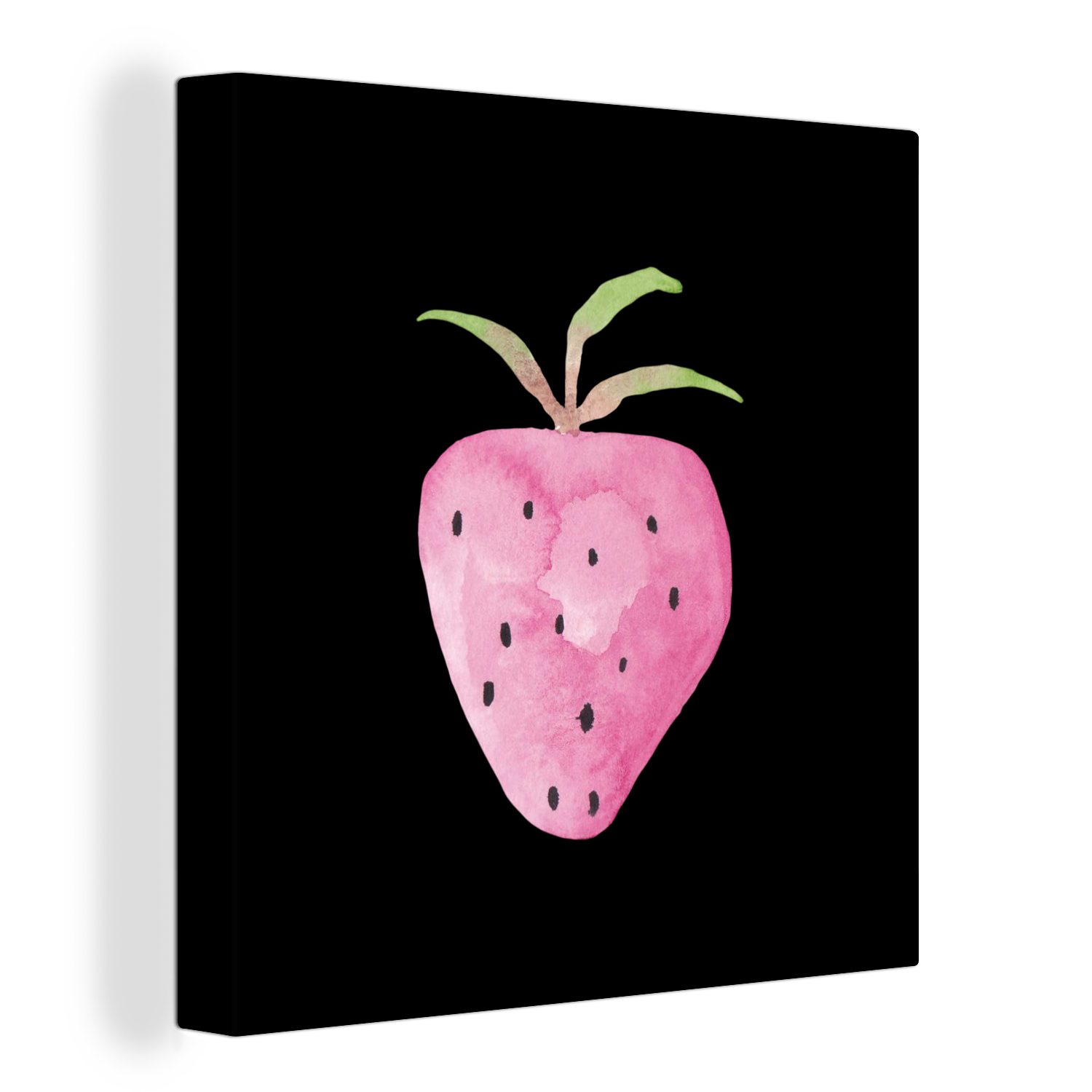 OneMillionCanvasses® Leinwandbild Erdbeere - Aquarell - Schwarz, (1 St), Leinwand Bilder für Wohnzimmer Schlafzimmer