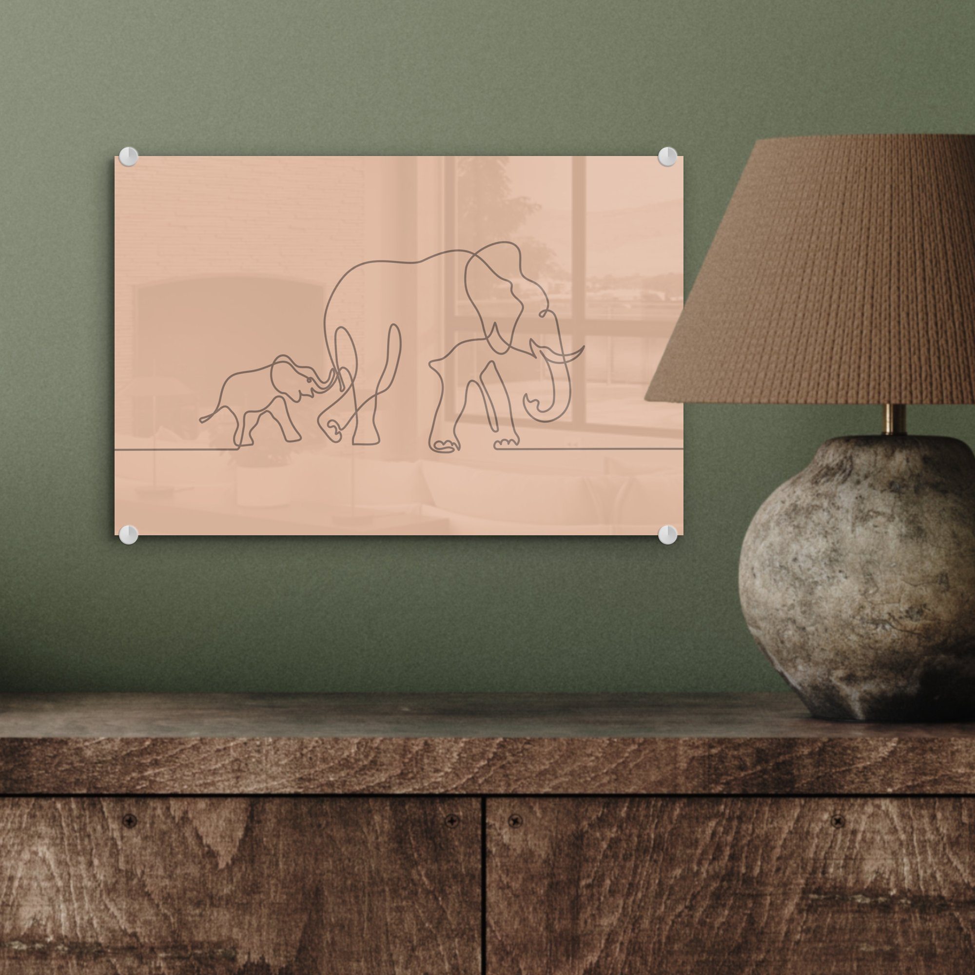 Minimalismus Bilder Elefant Glas Wanddekoration Foto MuchoWow auf St), - Glasbilder Braun, auf - - Glas Acrylglasbild Wandbild - - (1