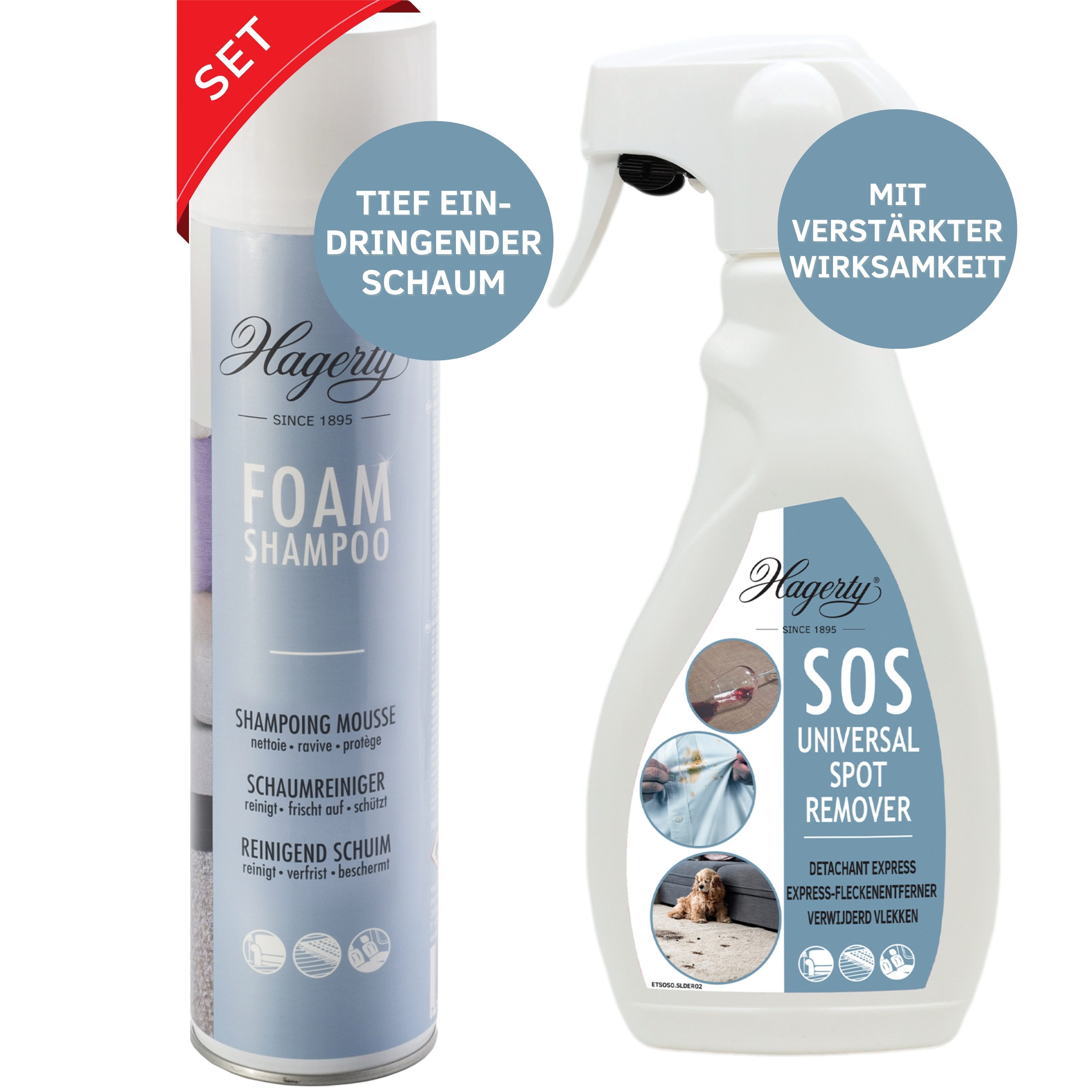 Hagerty Set SOS Spot Remover Fleckenentferner + Foam Shampoo Polsterreiniger