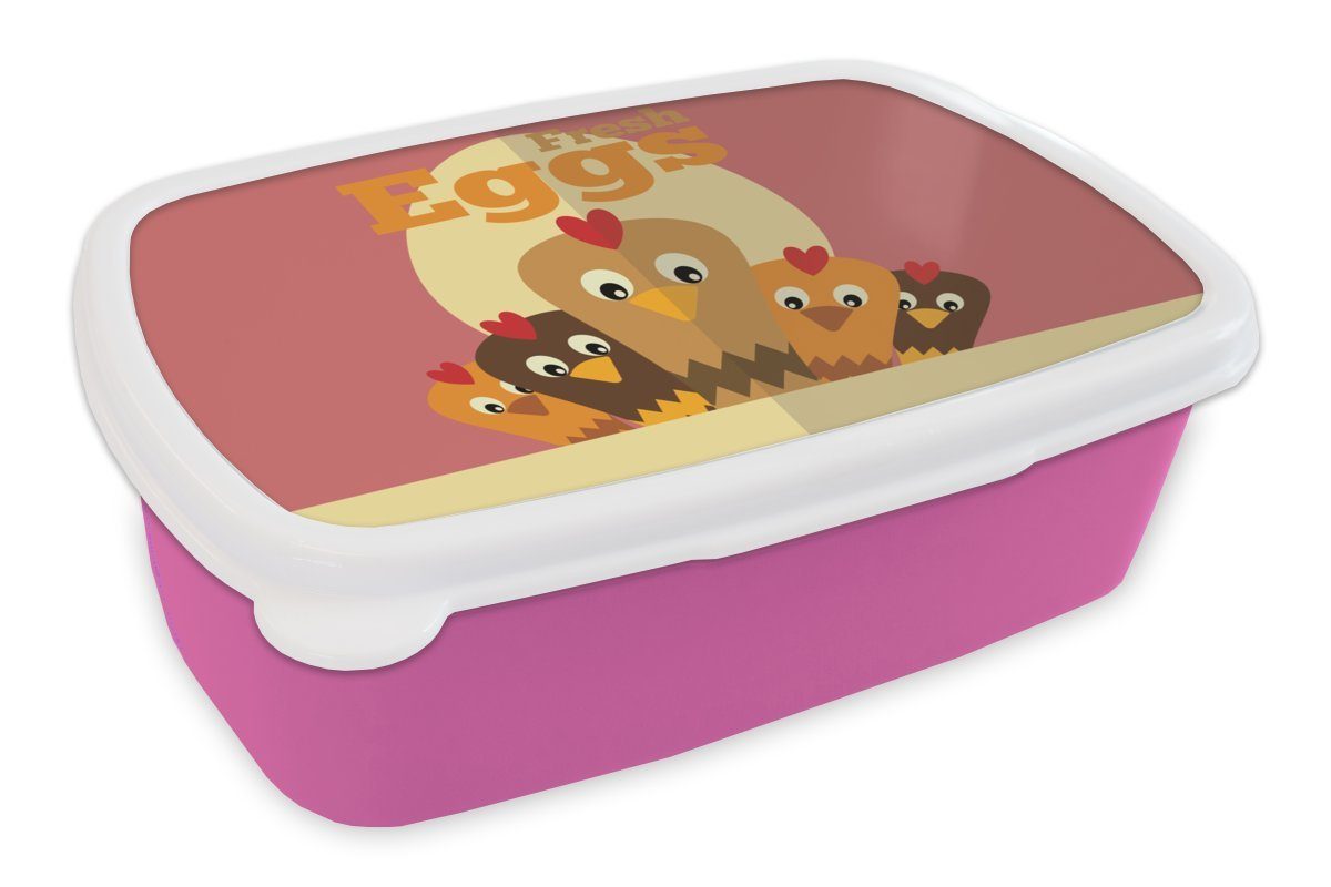 MuchoWow Lunchbox Hühner - Bauernhof - Retro, Kunststoff, (2-tlg), Brotbox für Erwachsene, Brotdose Kinder, Snackbox, Mädchen, Kunststoff rosa