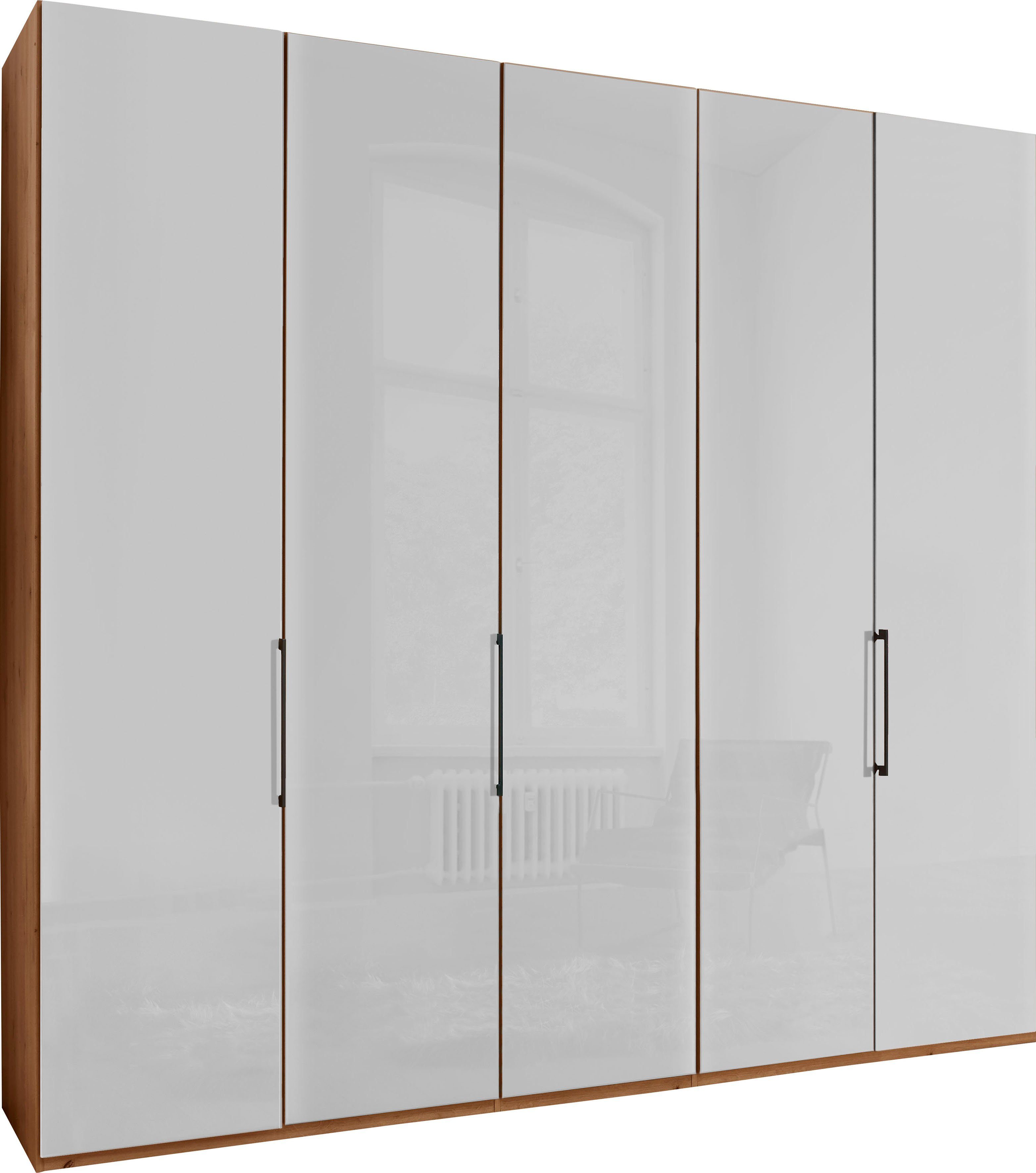 hochwertige WIEMANN Glasfront sowie Weiß Falttürenschrank mit Monaco Bianco-Eiche-Nachbildung/Glas Beschläge