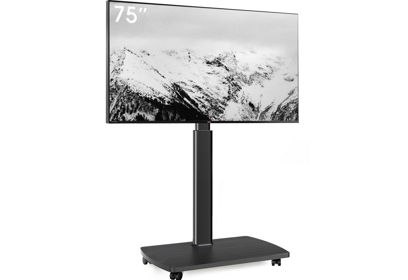 AOKCOS TV-Ständer mit Rollen, höhenverstellbar, ±50° schwenkbar, 43-75 Zoll, (bis 75 Zoll, -2° und +10° neigbar, Holz-Bodenplatte)