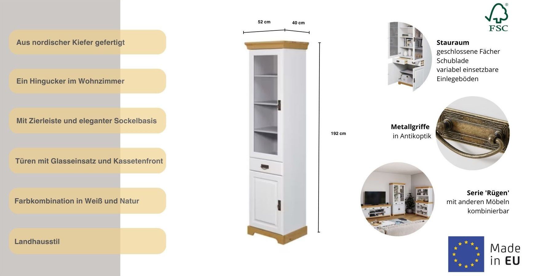 OTTO home Vitrine Rügen zertifiziertes Massivholz, Höhe 192 cm, im Landhausstil