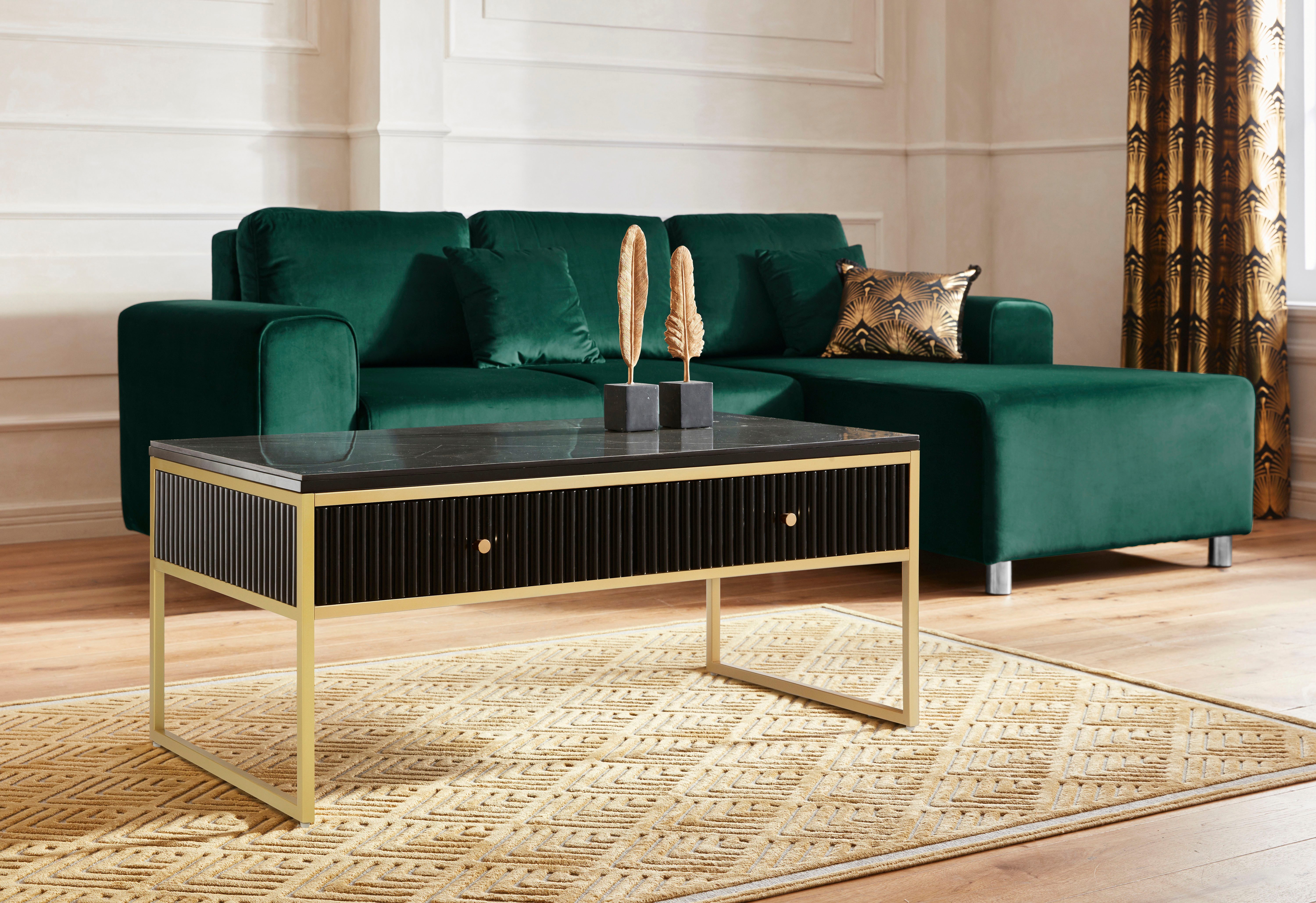 Leonique Couchtisch Fleuriss, Keramikplatte, goldenen Beinen, FSC-zertifiziertem Holz, Breite 110 cm