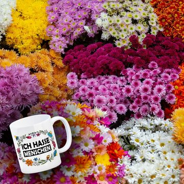 speecheese Tasse Ich hasse Menschen Kaffeebecher mit Blumen Motiv Arbeit Statement