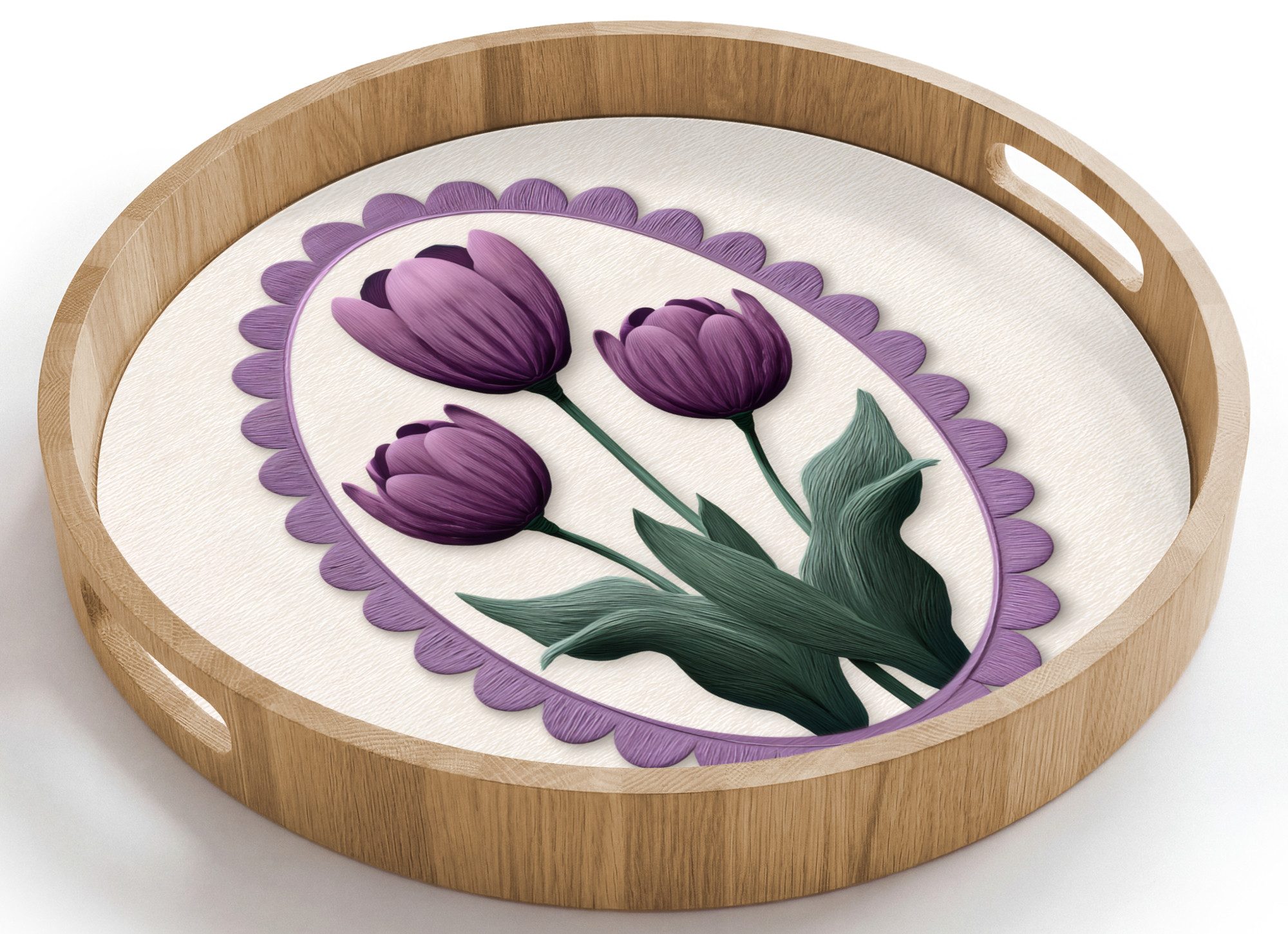 OnlyWow Tablett Rund mit Henkel Tulpen - Lila - Liste - Blätter, Eichenholz, (1-tlg), Siervierplatte, Tray, Frühstücksbrett