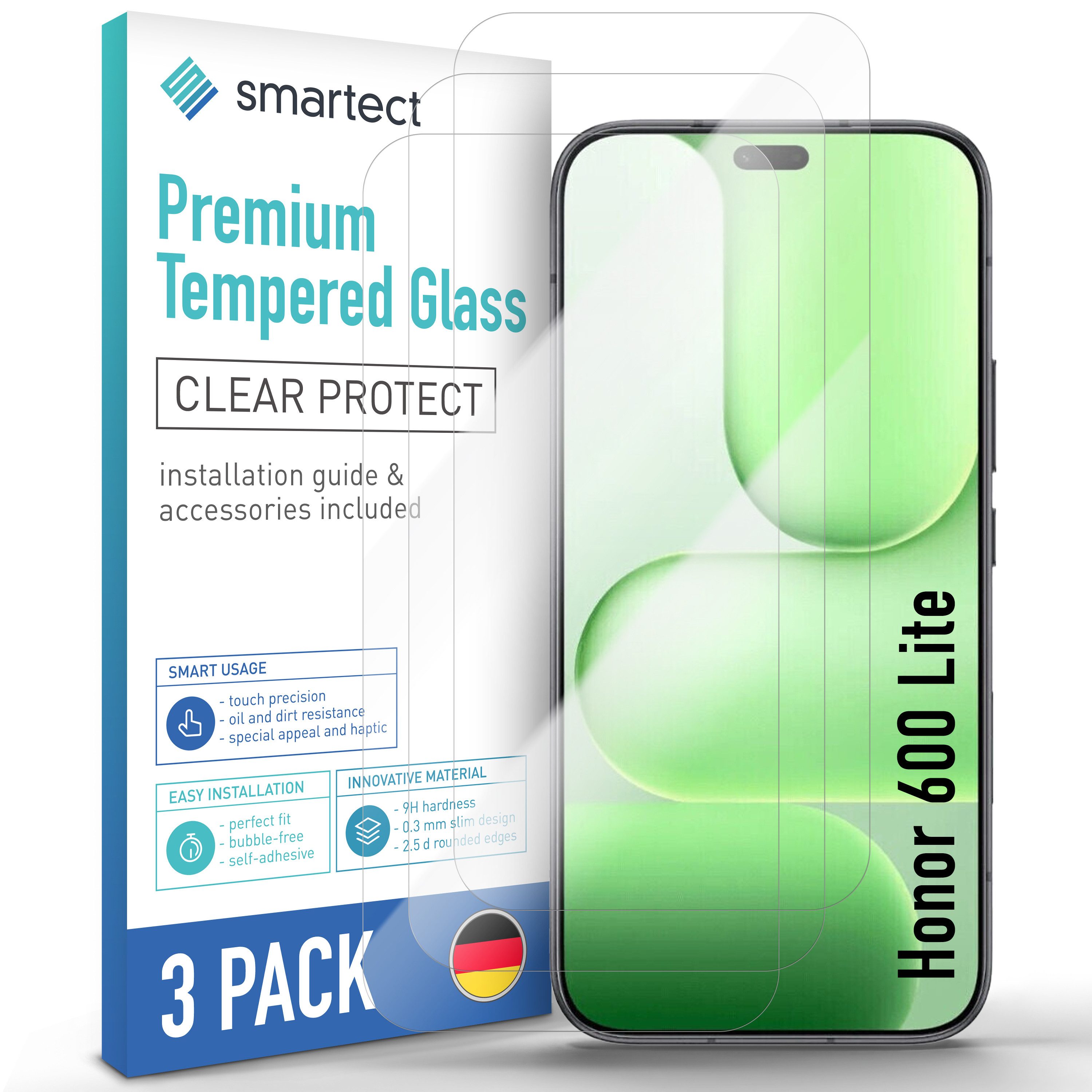smartect Displayschutzglas 3X Schutzglas Panzerfolie Klar für Honor 600 Lite für Honor 600 Lite, Set, 3 Stück, 0.3 mm Ultra-klar, 9H Härte, Kratzfest, Stoßfest, Blasenfrei, Oleophob