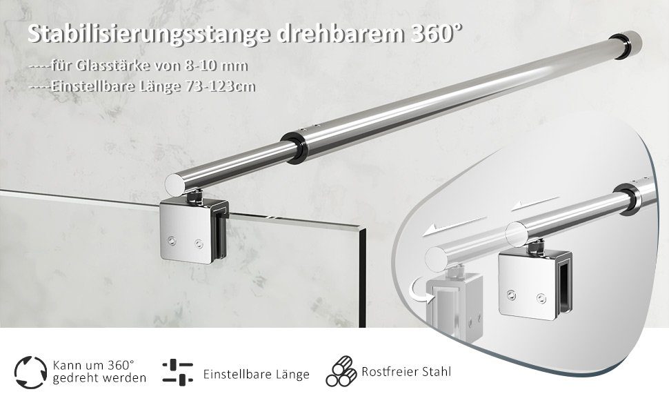 In Duschwand Boromal haltestange für Drehbar, 73-123cm (Stabilisator, 360° Duschwand-Stabilisationsstange Duschabtrennung Walk Rund), duschwand 8-10mm für Duschkabinen