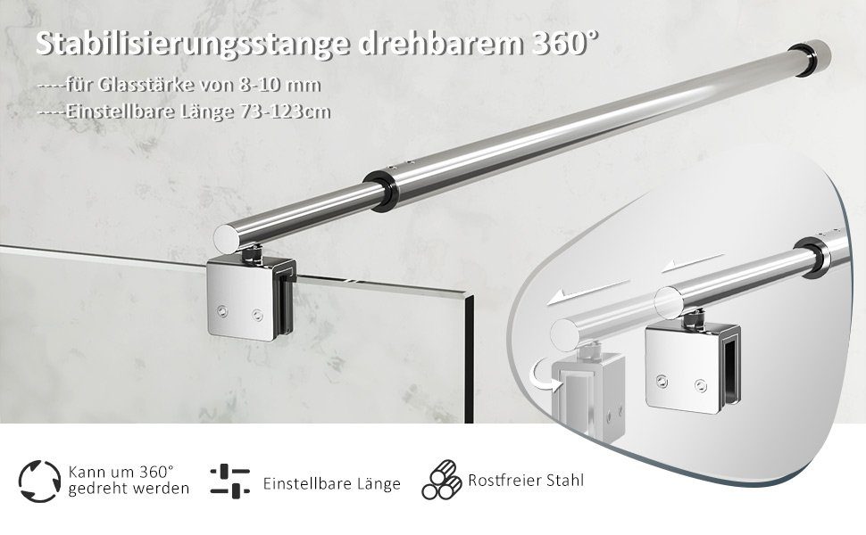 Stabilisator Rund), 360° Duschabtrennung Walk Boromal 73-123cm Duschwand Seitenwand für 8-10mm für (Haltestange, Duschwand Duschkabinen Duschwand-Stabilisationsstange Drehbar, In