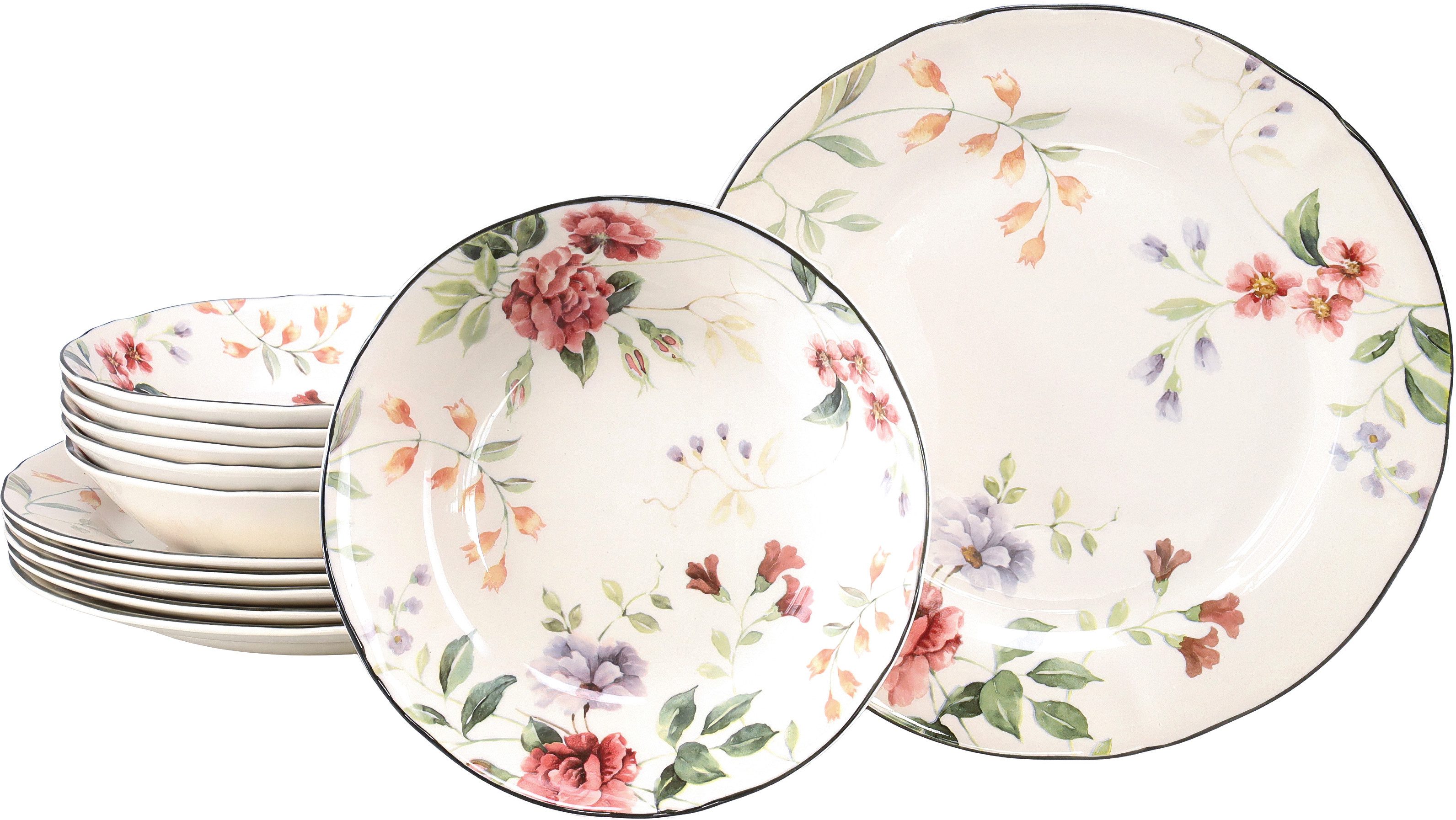 CreaTable Tafelservice Priscilla Bunt, Service, Teller-Set, 12-tlg. (12-tlg), 6 Personen, Steingut, Ausdrucksstarkes Relief, Rosendekor, hochwertiger Scherben
