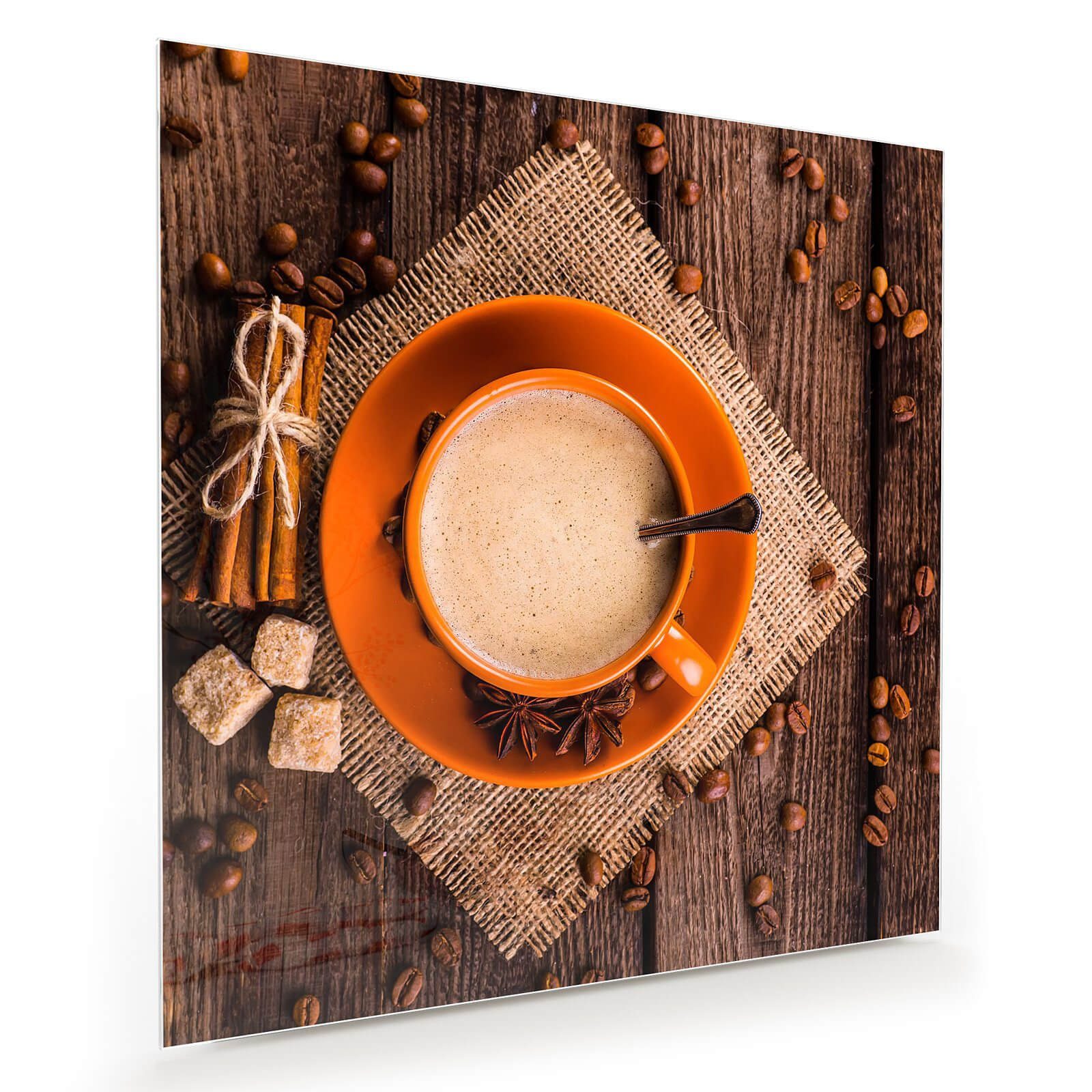 Glasbild Wandbild Quadratisch Kaffeetasse und Bohnen mit Aufhängung