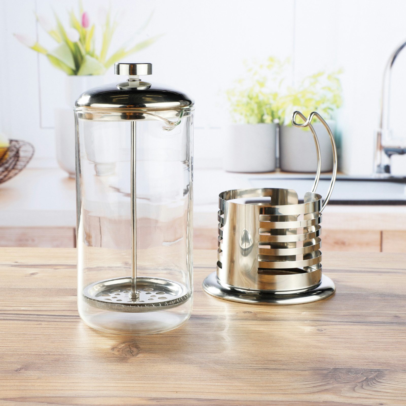 Haushalt International Im- und Export GmbH Kaffeebereiter, Glas, handlich, Edelstahl, Ziehkaffee, Elegant – Bild 4 von 5