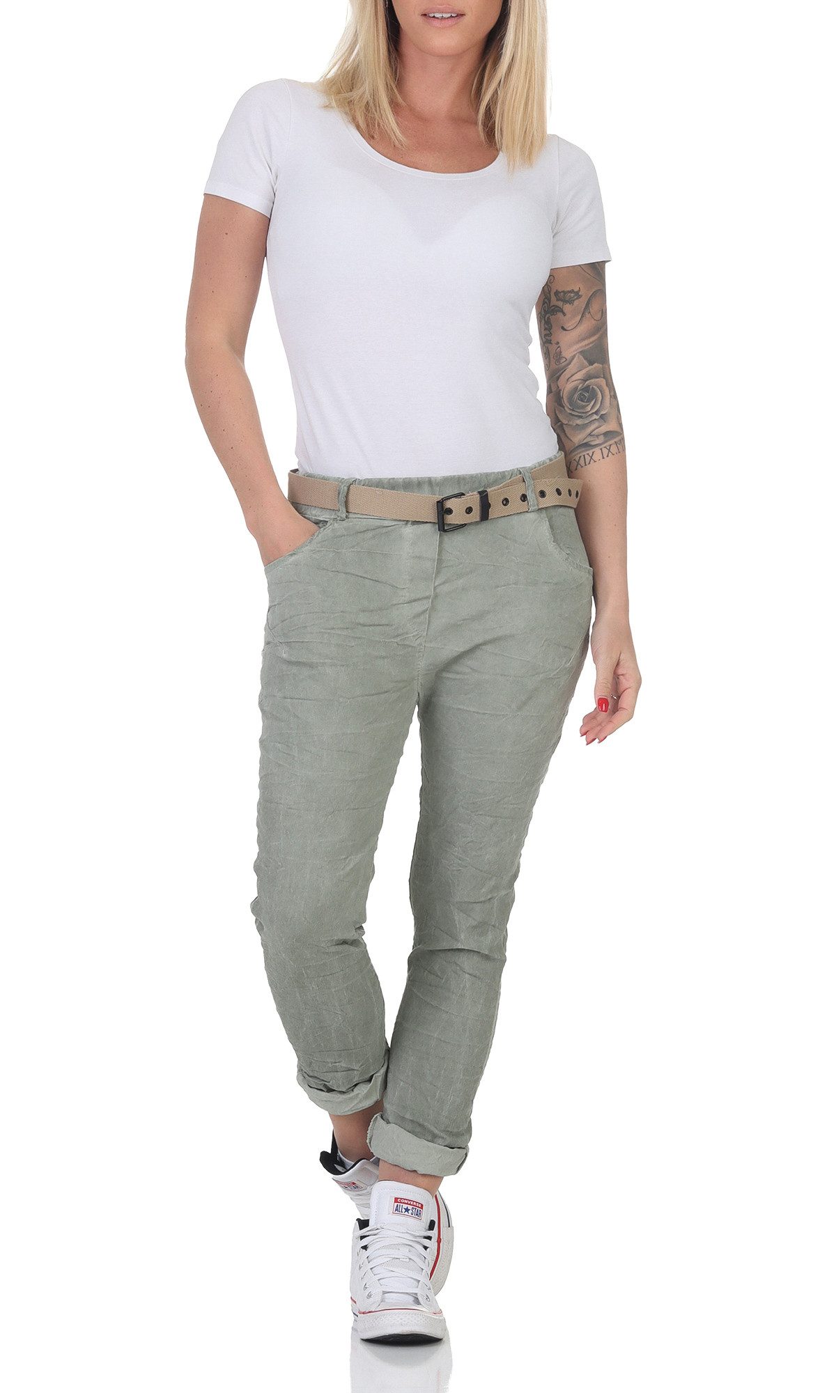 CLEO STYLE Jogger Pants Damen Hose Gürtel 21306 34-38 Khaki günstig online kaufen