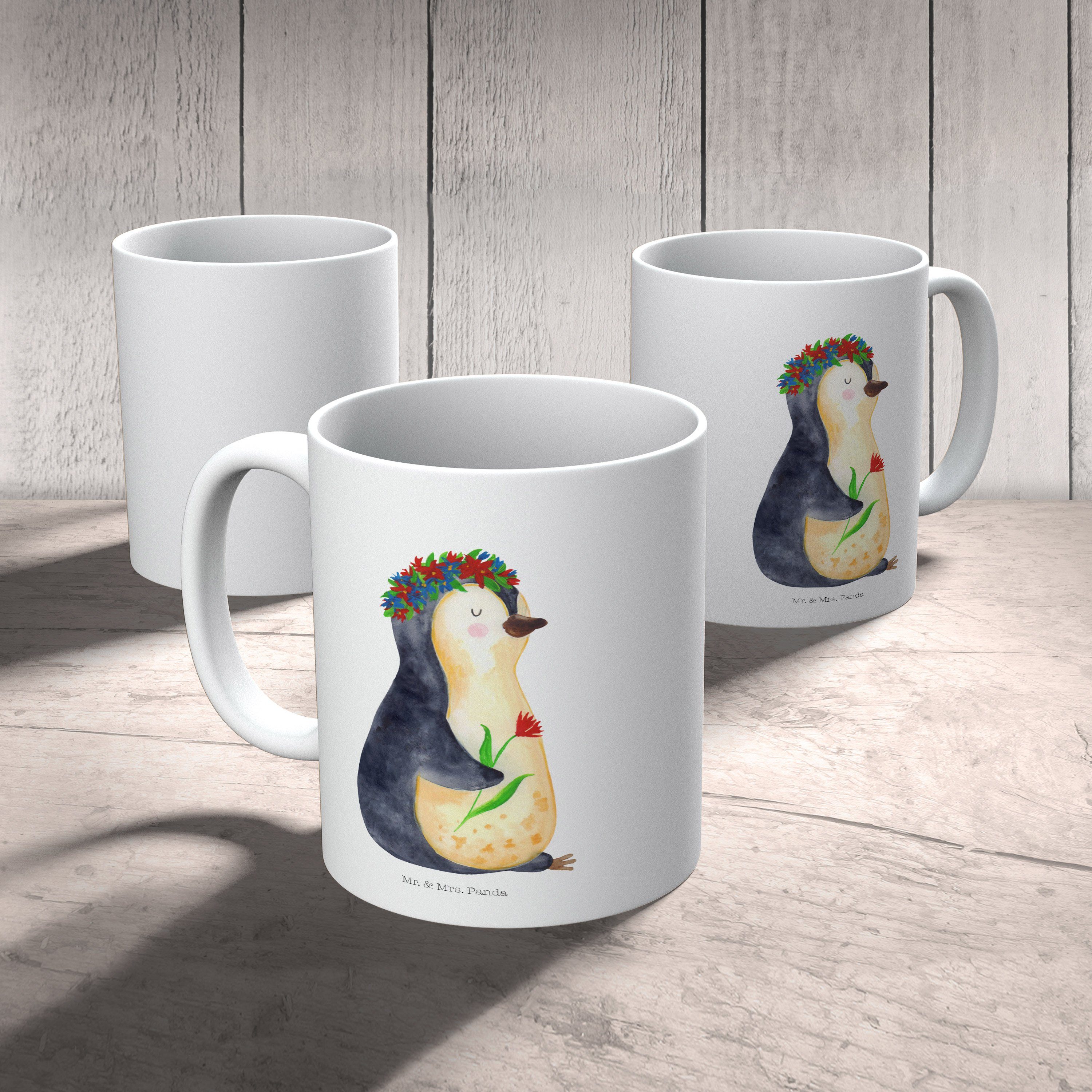 Tasse Mrs. - & Wünsche, Mr. Liebeskummer, Weiß Blumenkranz Panda Pinguin Geschenk, Becher, Keramik -