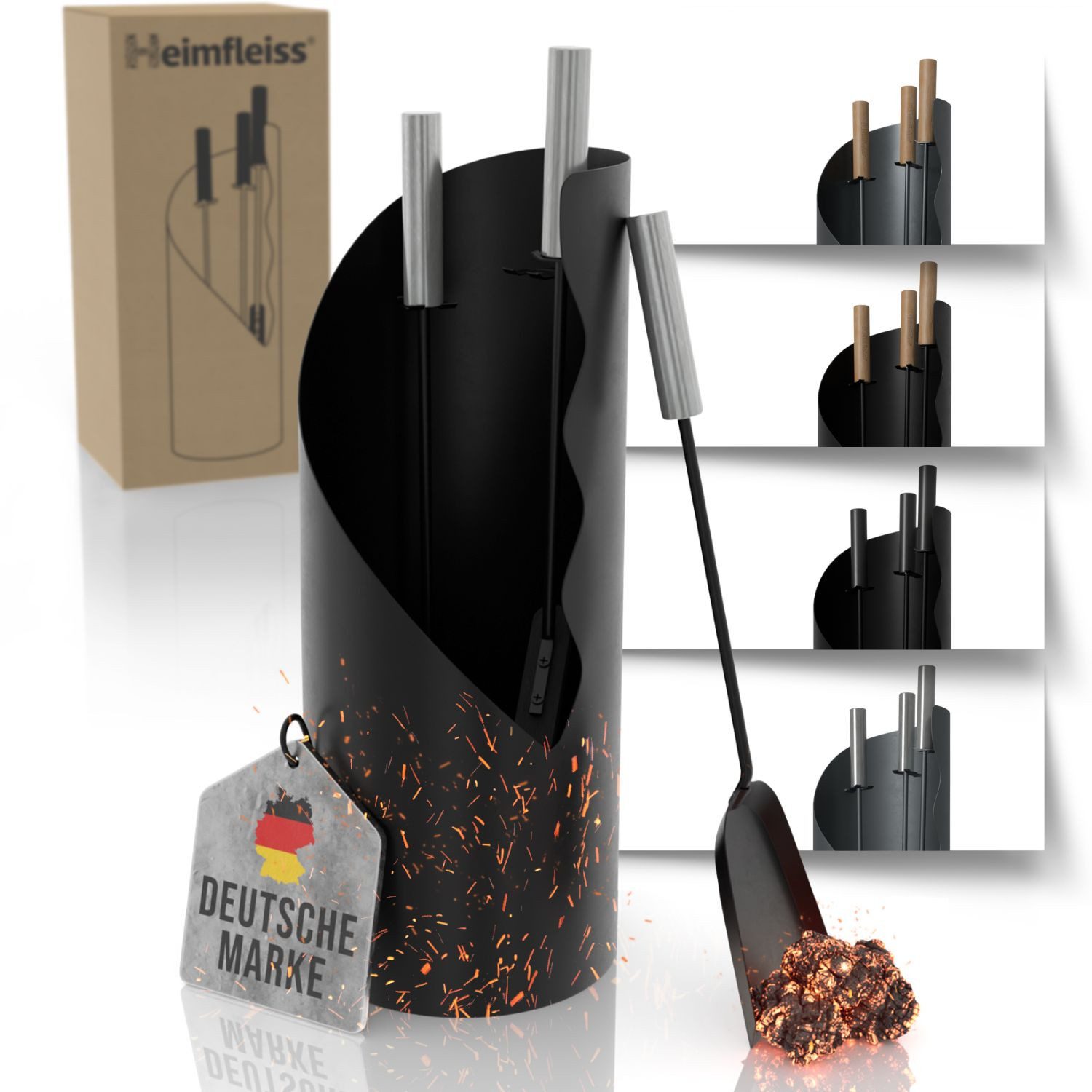 Heimfleiss® Kamingarnitur Modernes Kaminbesteck aus Stahl & Holz – 3-teilig günstig online kaufen