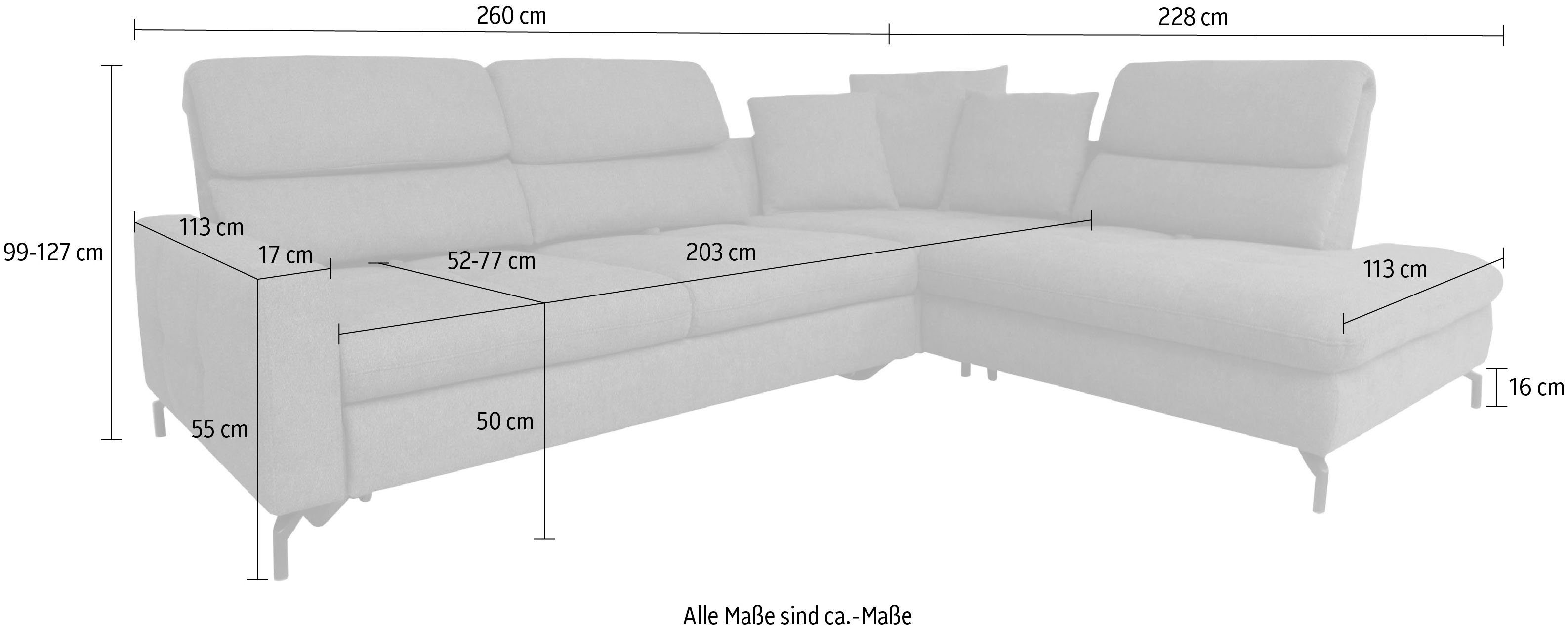 ADA trendline Ecksofa Louis, Breite Rückenlehnenverstellung, cm, grauoliv Bettfunktion 260 TCM mit wahlweise 373