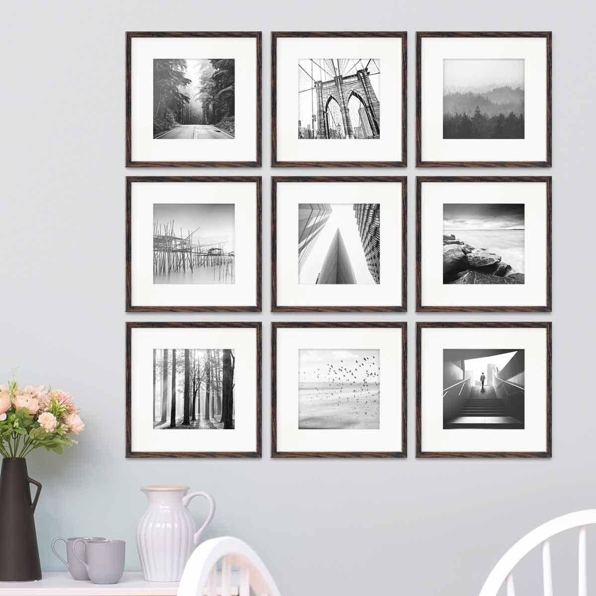 PHOTOLINI Bilderrahmen 9er Set 30x30 cm Modern Schmal mit Passepartout Eiche dunkel