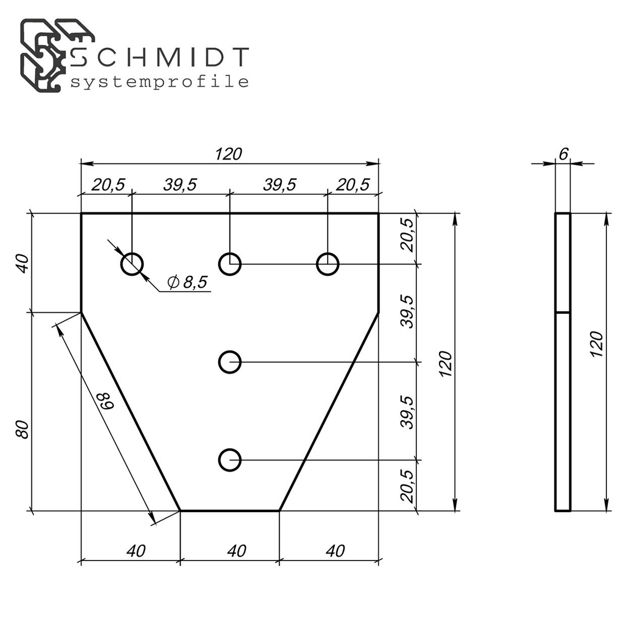 SCHMIDT systemprofile Profil Verbinderplatte T 120x120mm Nut 8 5-loch Aluminium